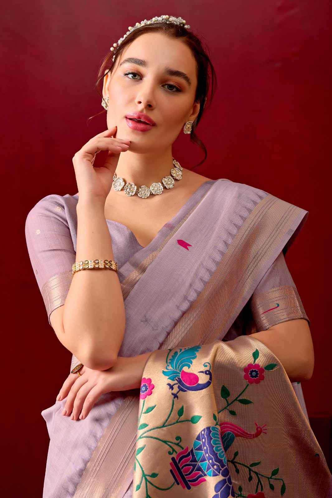 Exquisite Paithani Silk Saree with Peacock & Floral Vine Pallu in Lavender