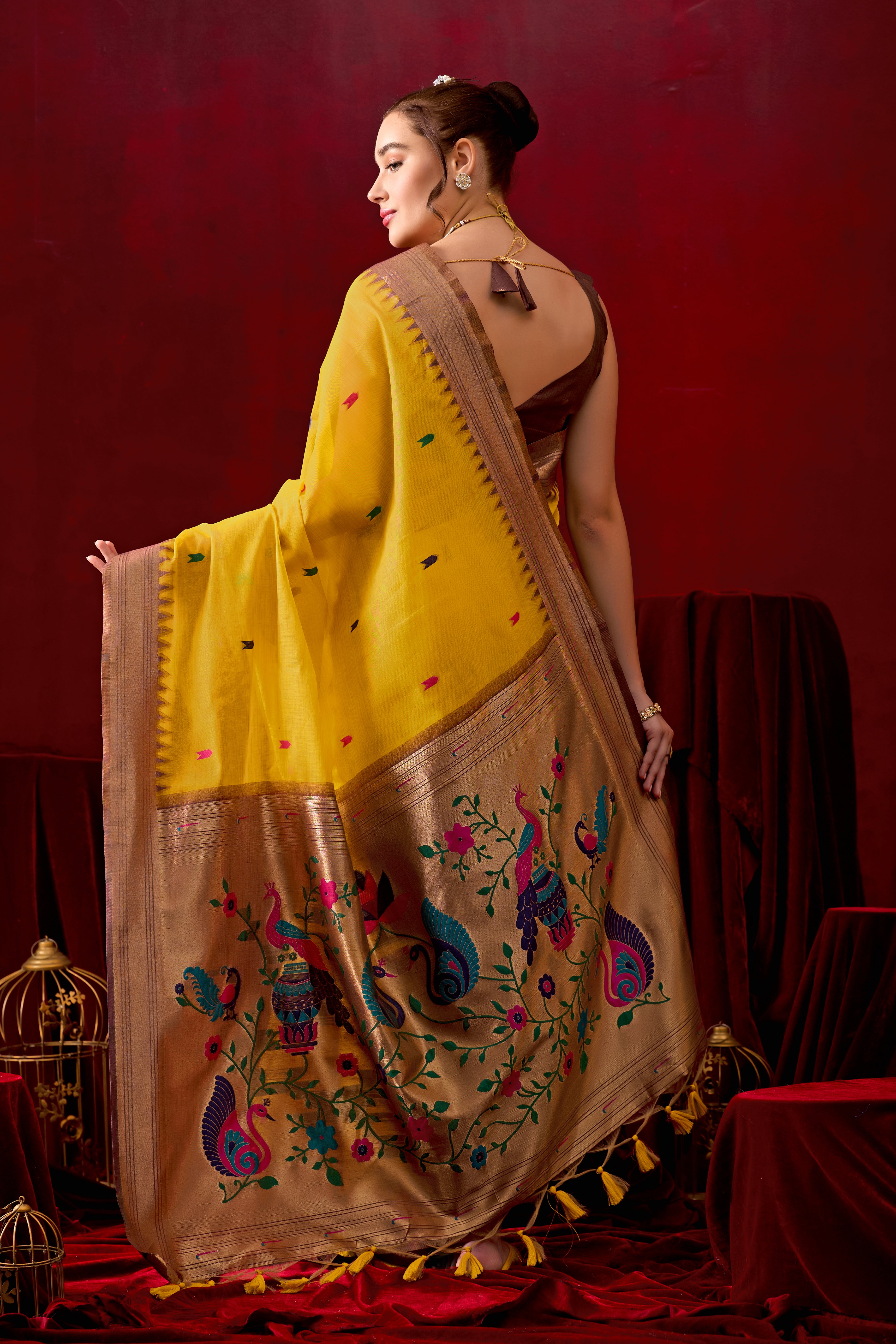 Exquisite Paithani Silk Saree with Peacock & Floral Vine Pallu in Yellow