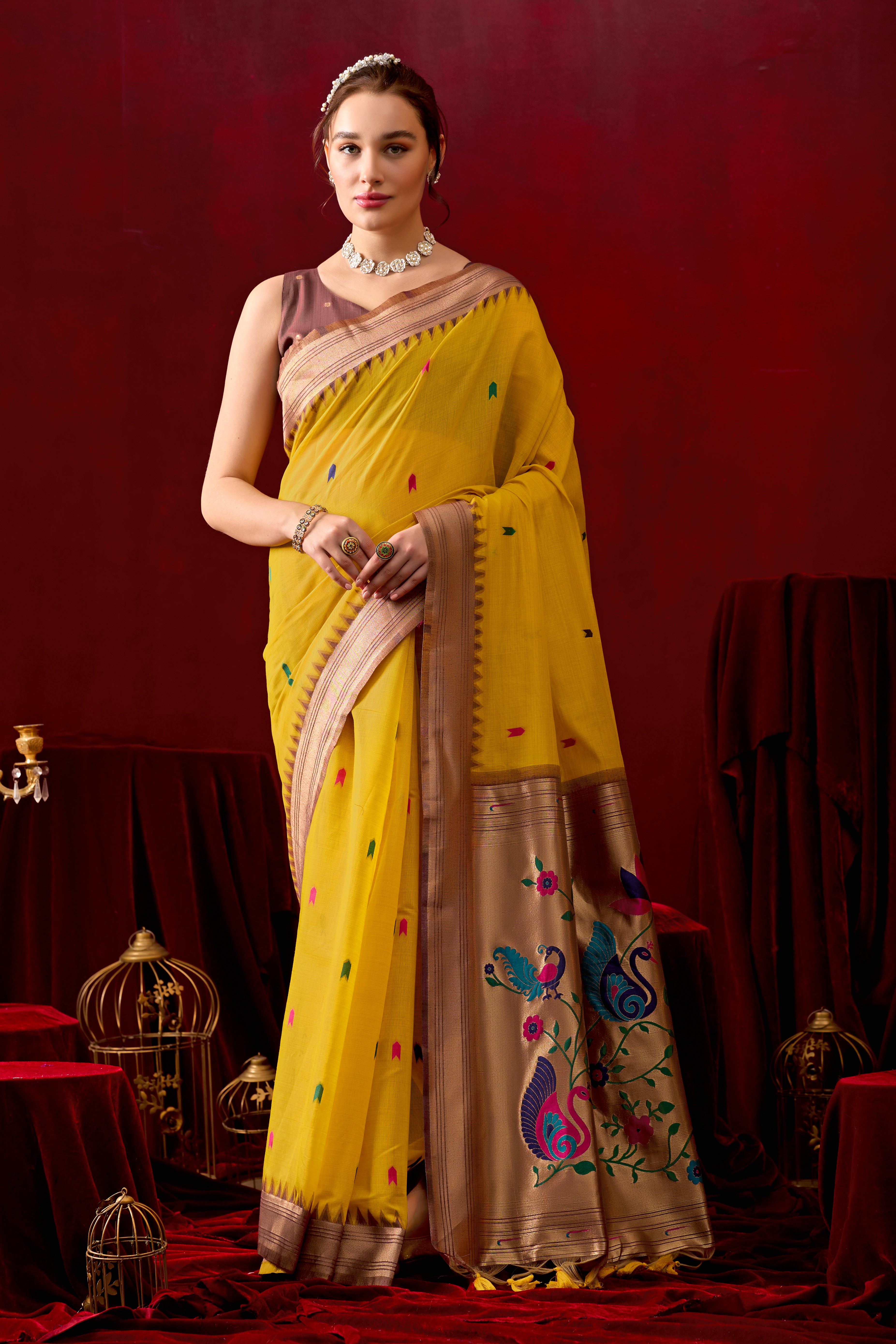 Exquisite Paithani Silk Saree with Peacock & Floral Vine Pallu in Yellow