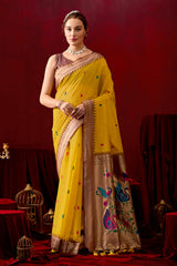 Exquisite Paithani Silk Saree with Peacock & Floral Vine Pallu in Yellow