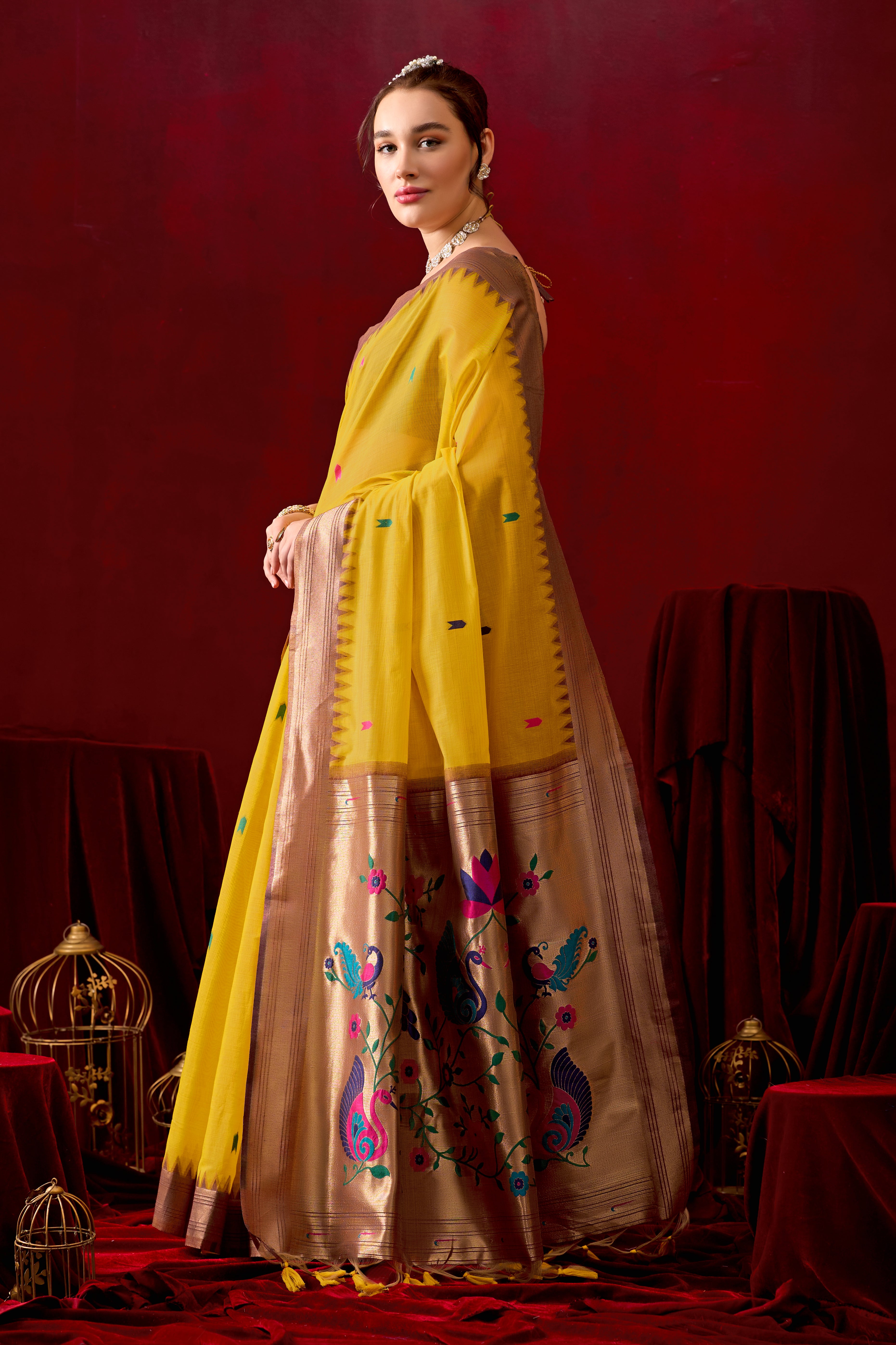 Exquisite Paithani Silk Saree with Peacock & Floral Vine Pallu in Yellow