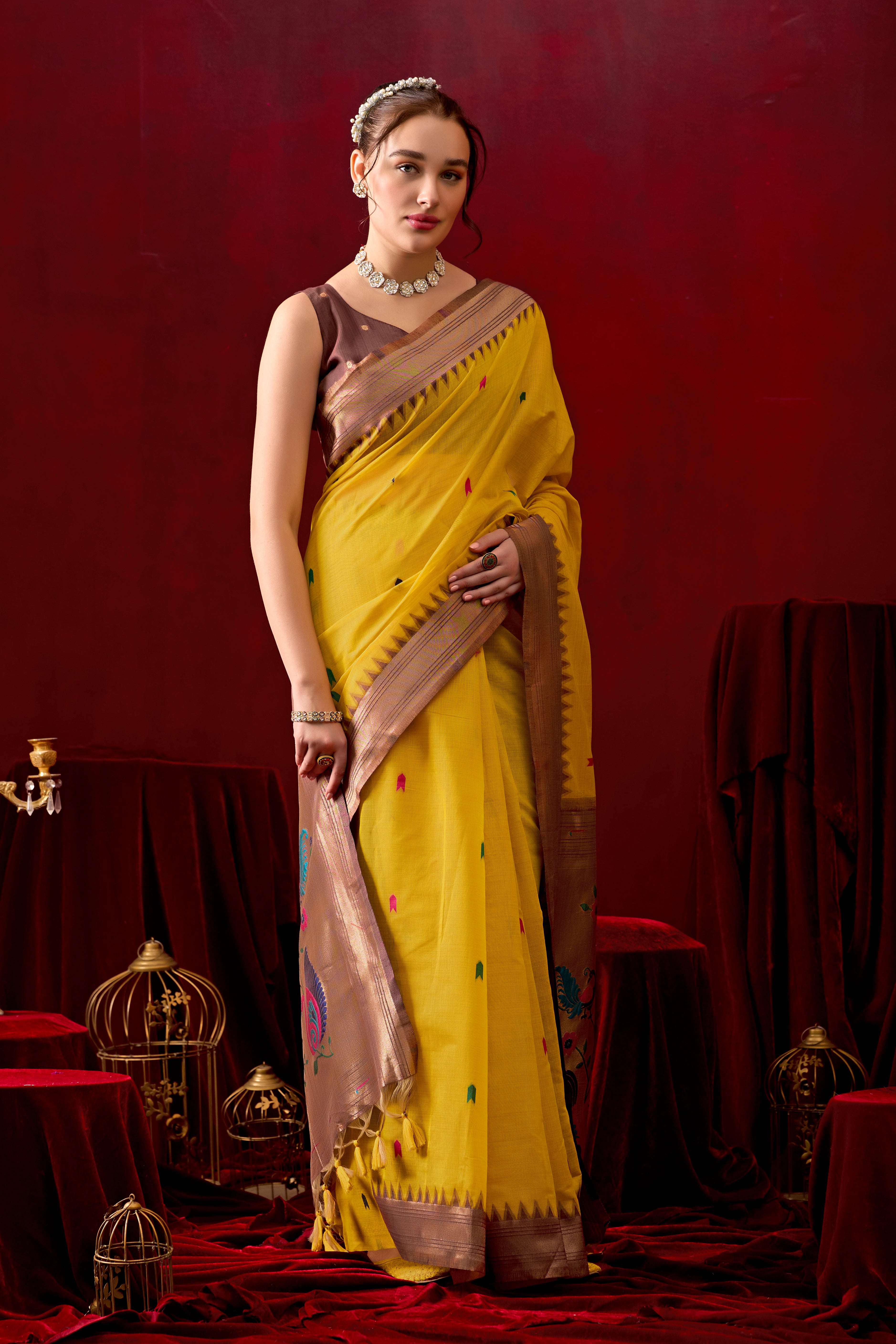 Exquisite Paithani Silk Saree with Peacock & Floral Vine Pallu in Yellow