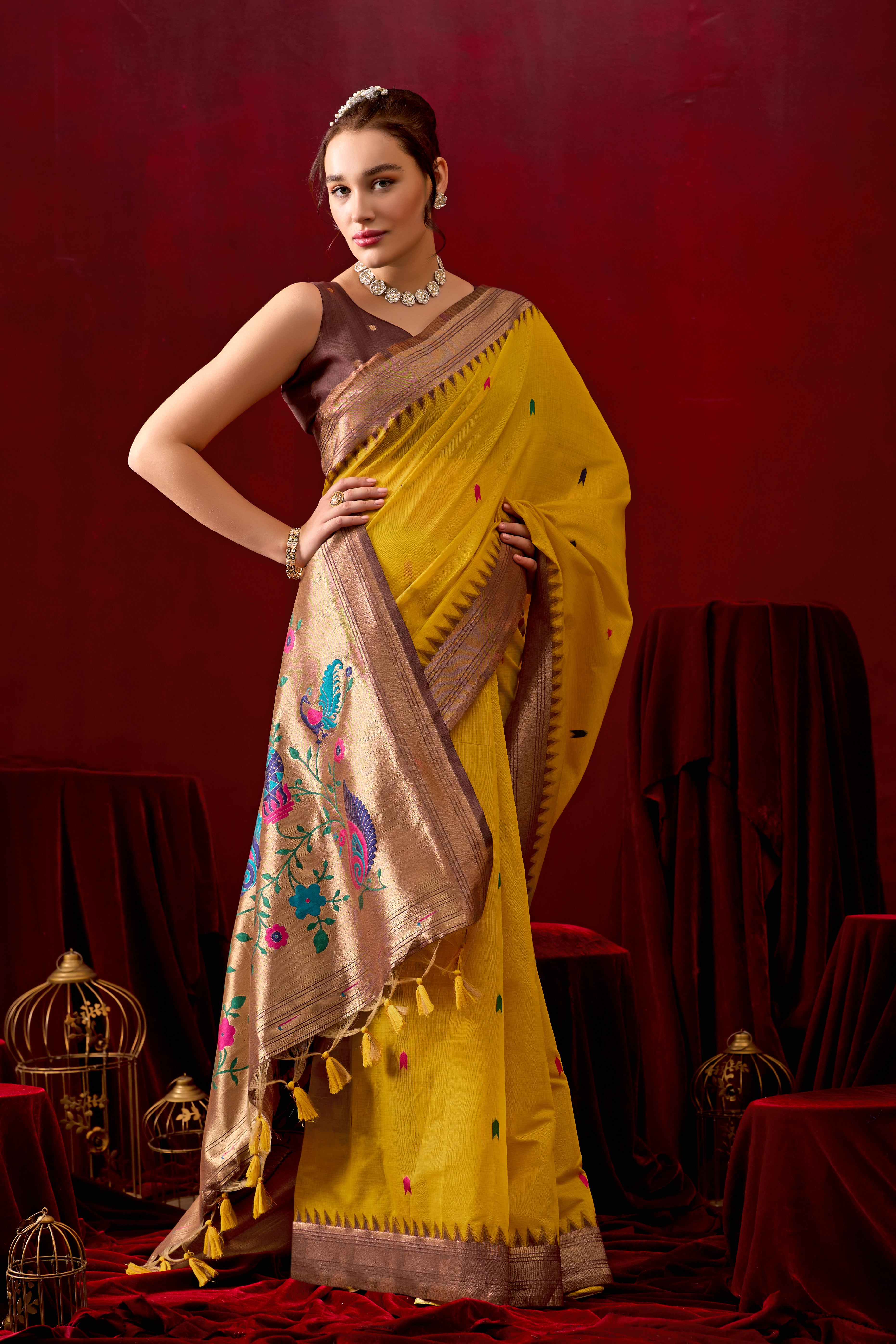 Exquisite Paithani Silk Saree with Peacock & Floral Vine Pallu in Yellow