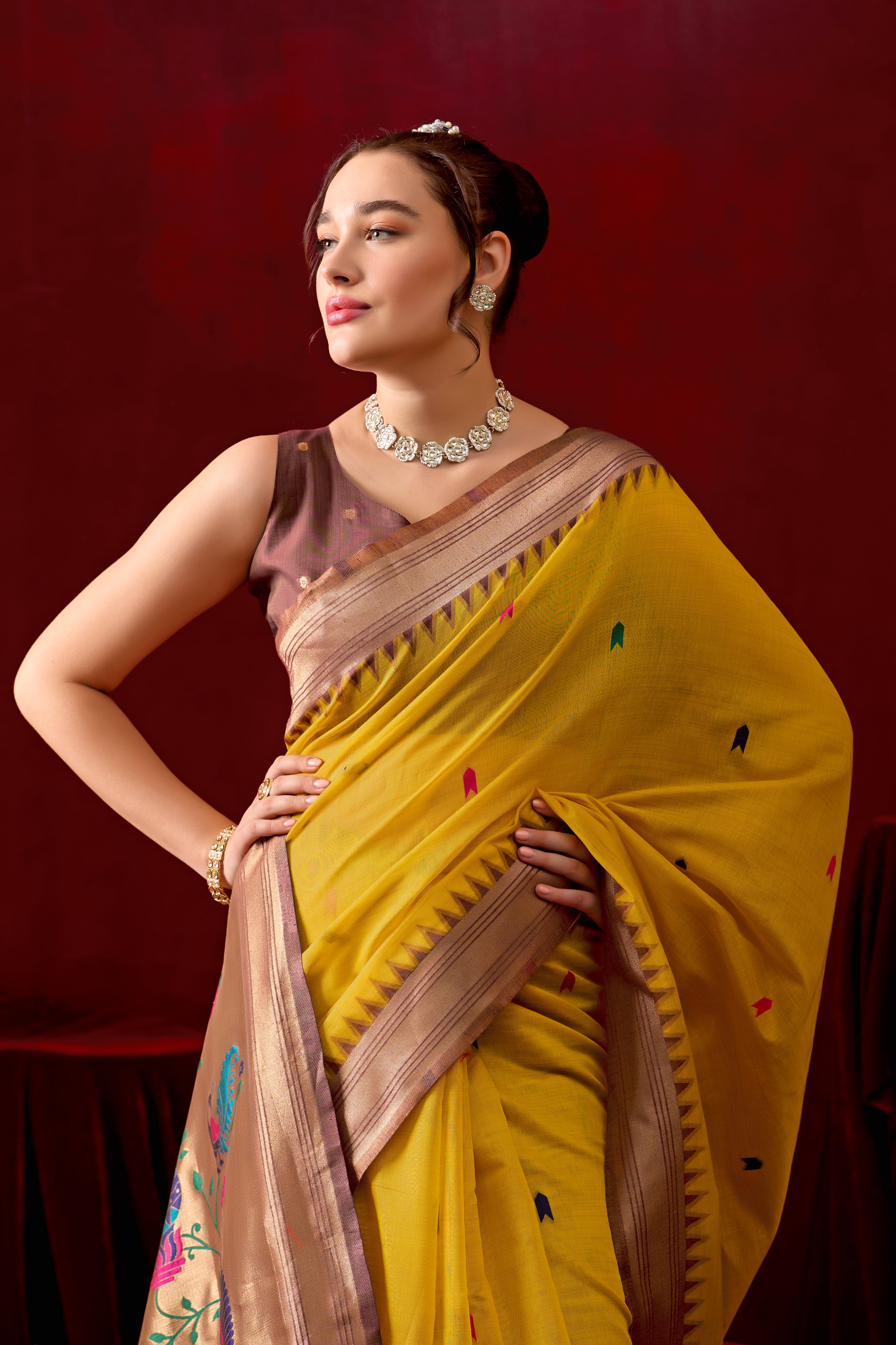 Exquisite Paithani Silk Saree with Peacock & Floral Vine Pallu in Yellow