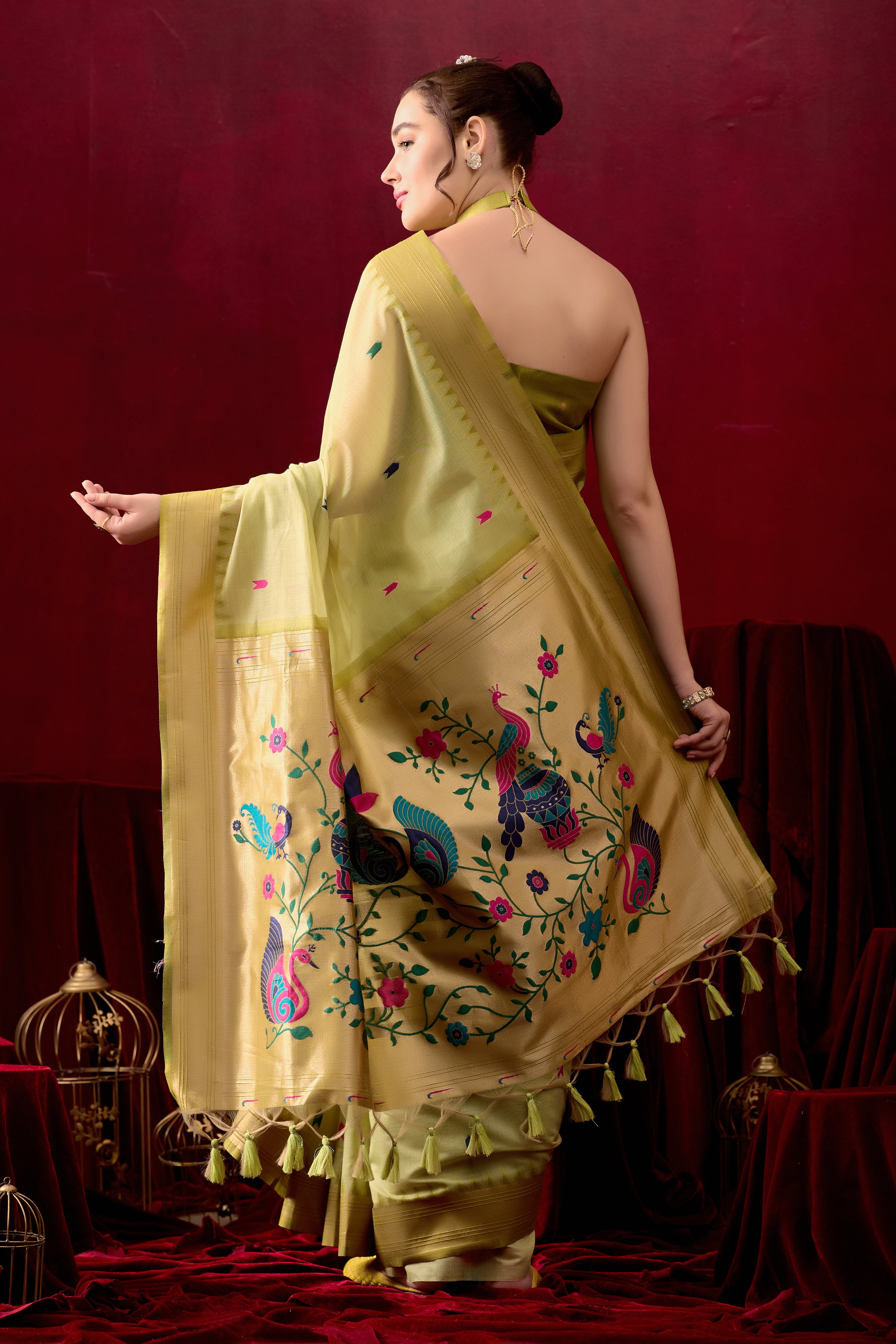 Exquisite Paithani Silk Saree with Peacock & Floral Vine Pallu in Mahendi