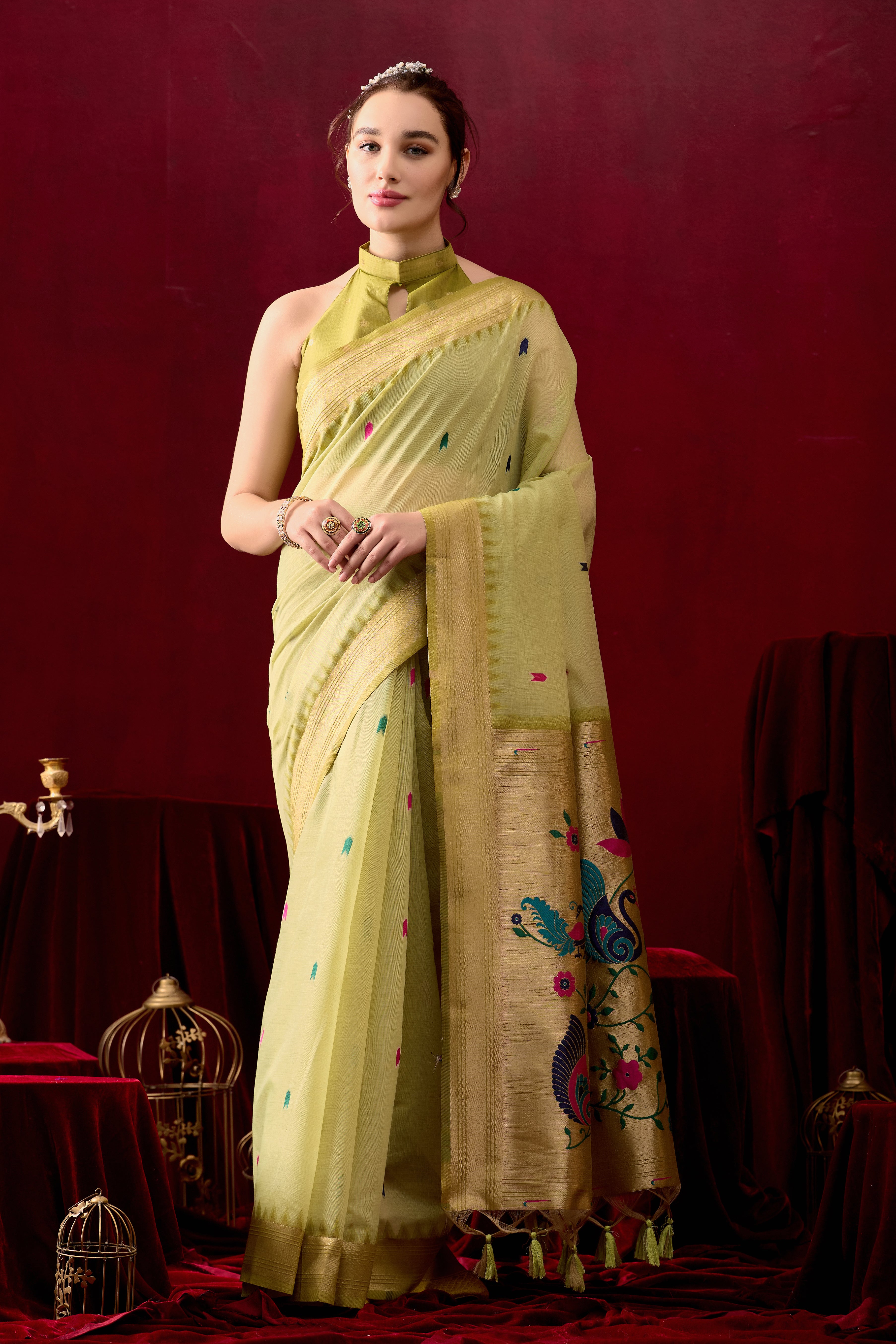Exquisite Paithani Silk Saree with Peacock & Floral Vine Pallu in Mahendi