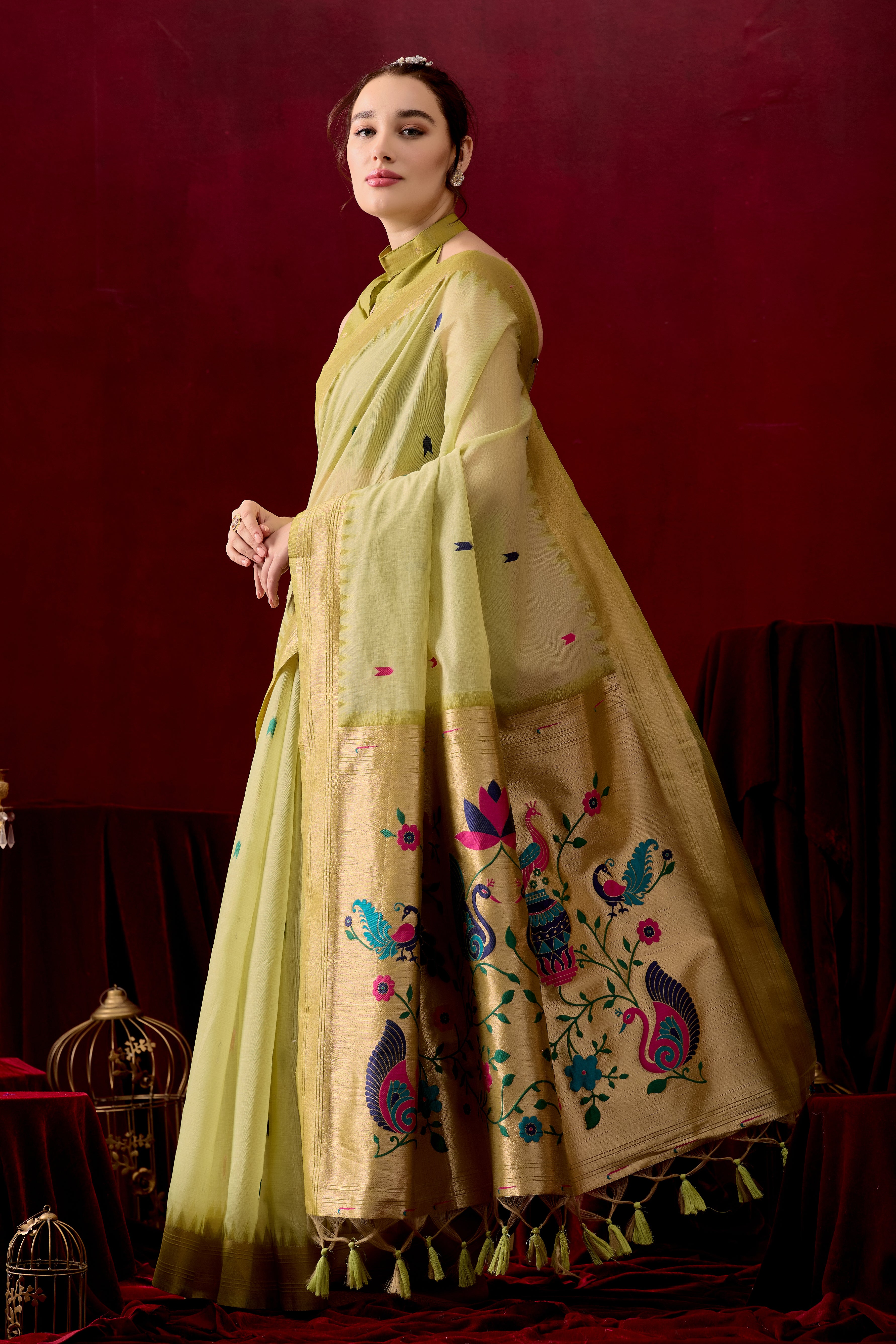 Exquisite Paithani Silk Saree with Peacock & Floral Vine Pallu in Mahendi
