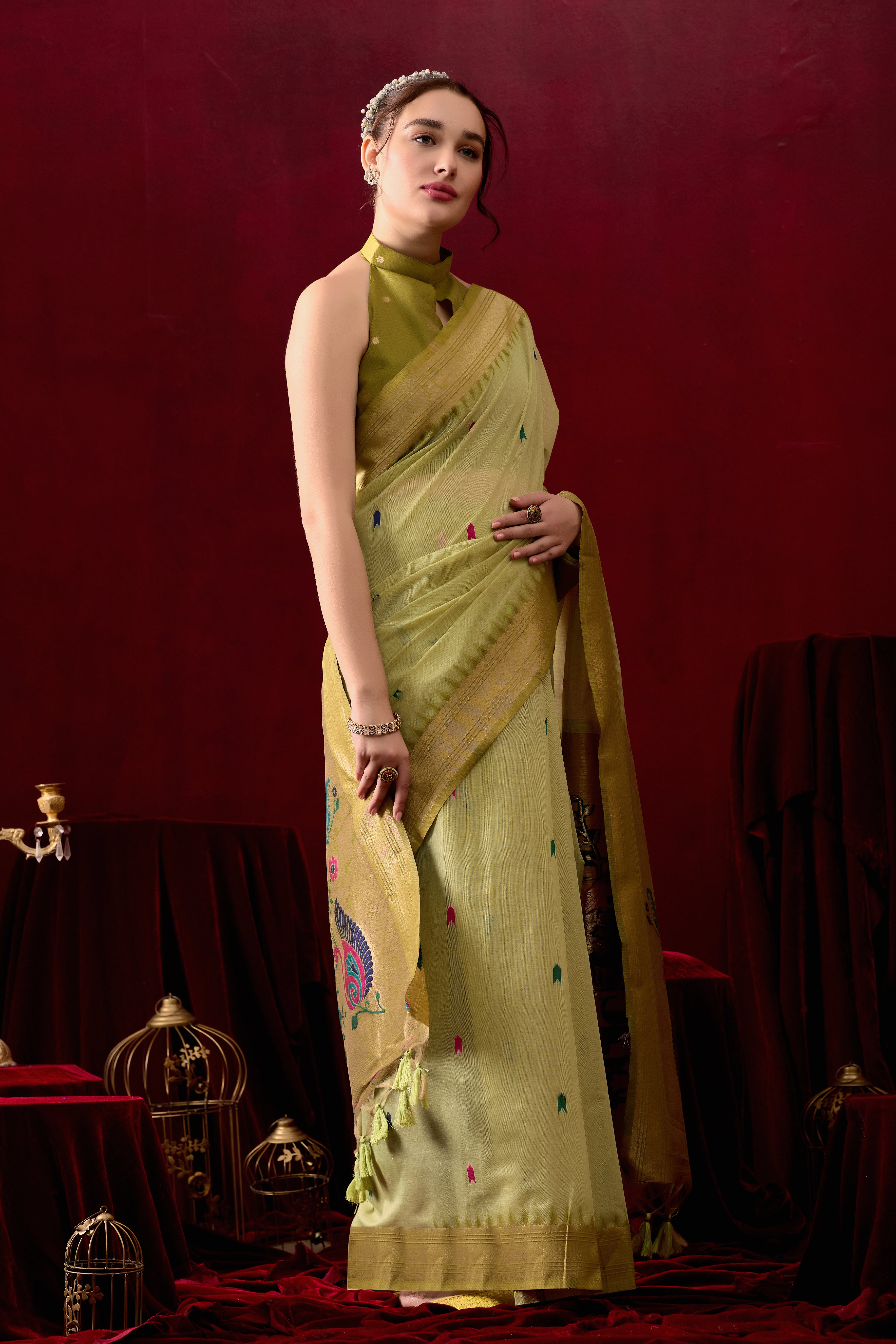 Exquisite Paithani Silk Saree with Peacock & Floral Vine Pallu in Mahendi