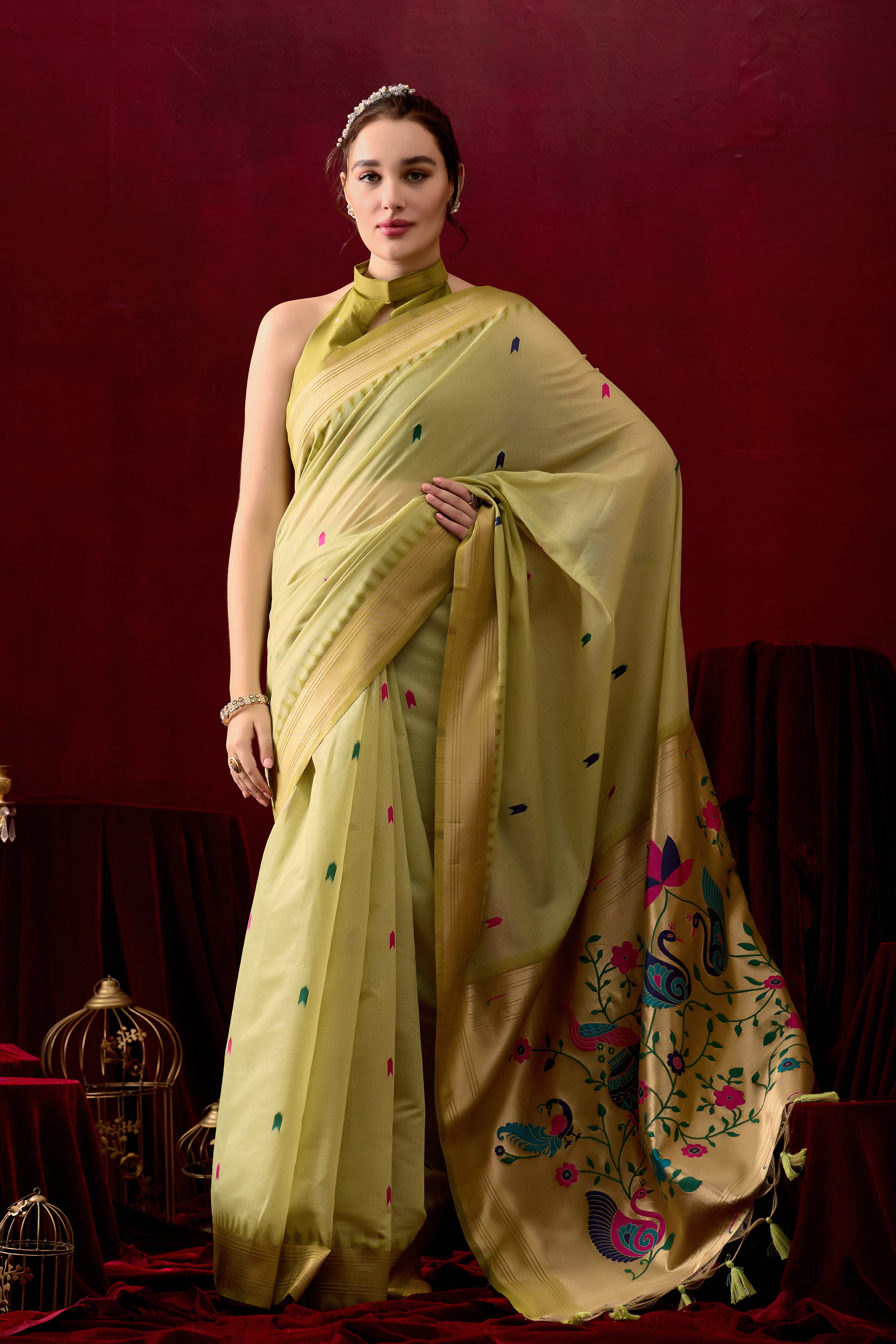 Exquisite Paithani Silk Saree with Peacock & Floral Vine Pallu in Mahendi