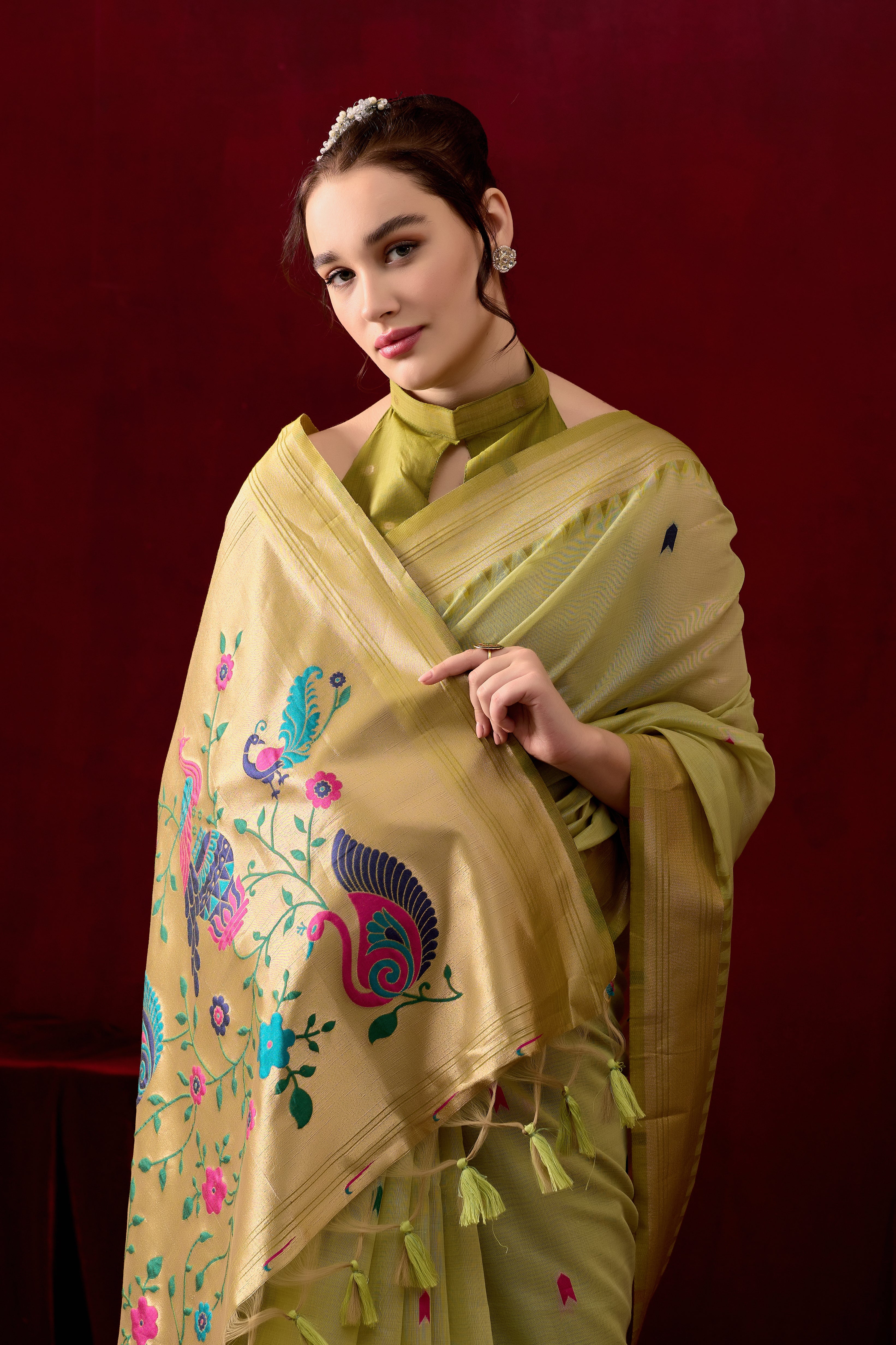 Exquisite Paithani Silk Saree with Peacock & Floral Vine Pallu in Mahendi