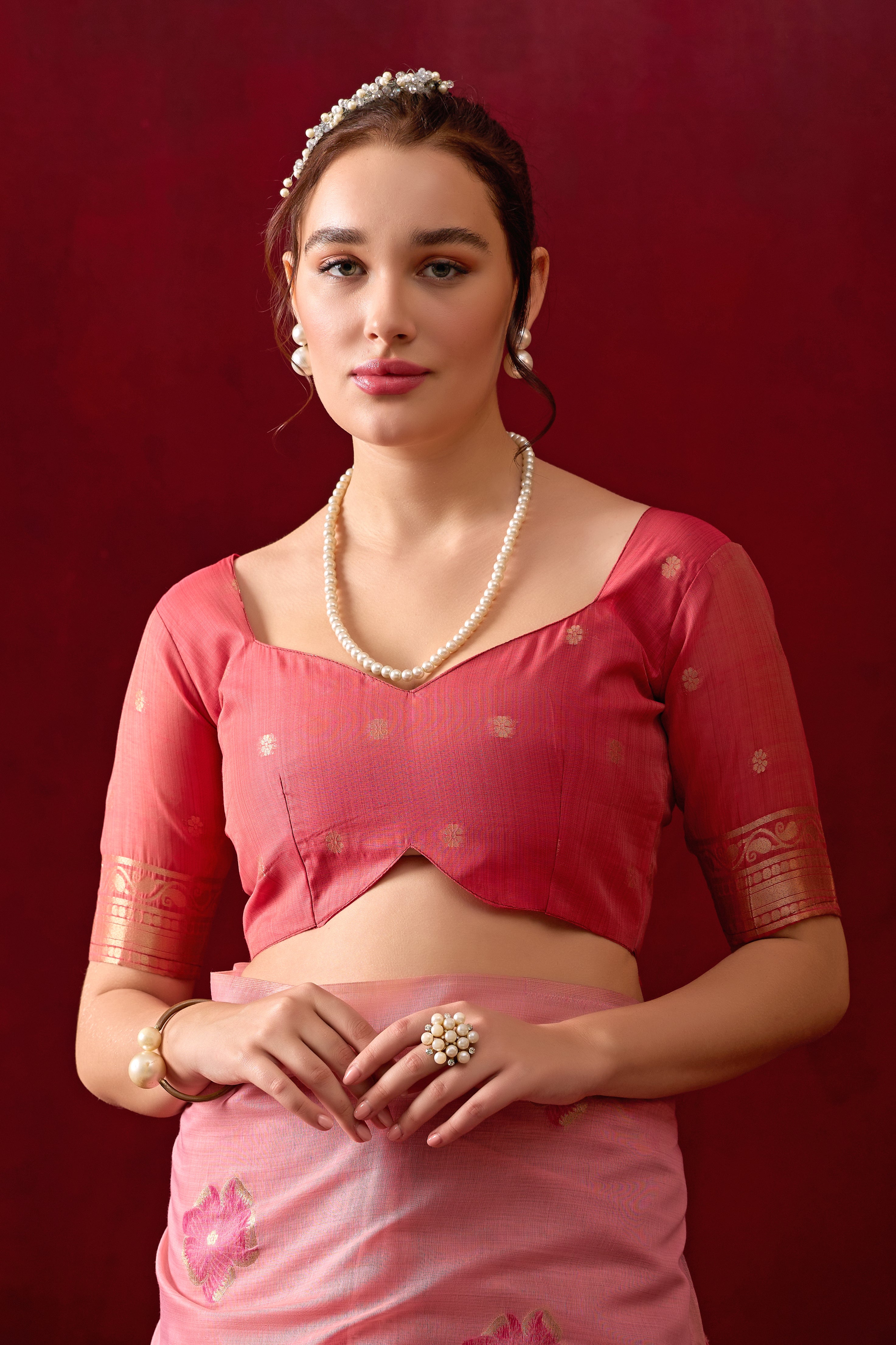 Muga Cotton Floral Design Saree in Pink