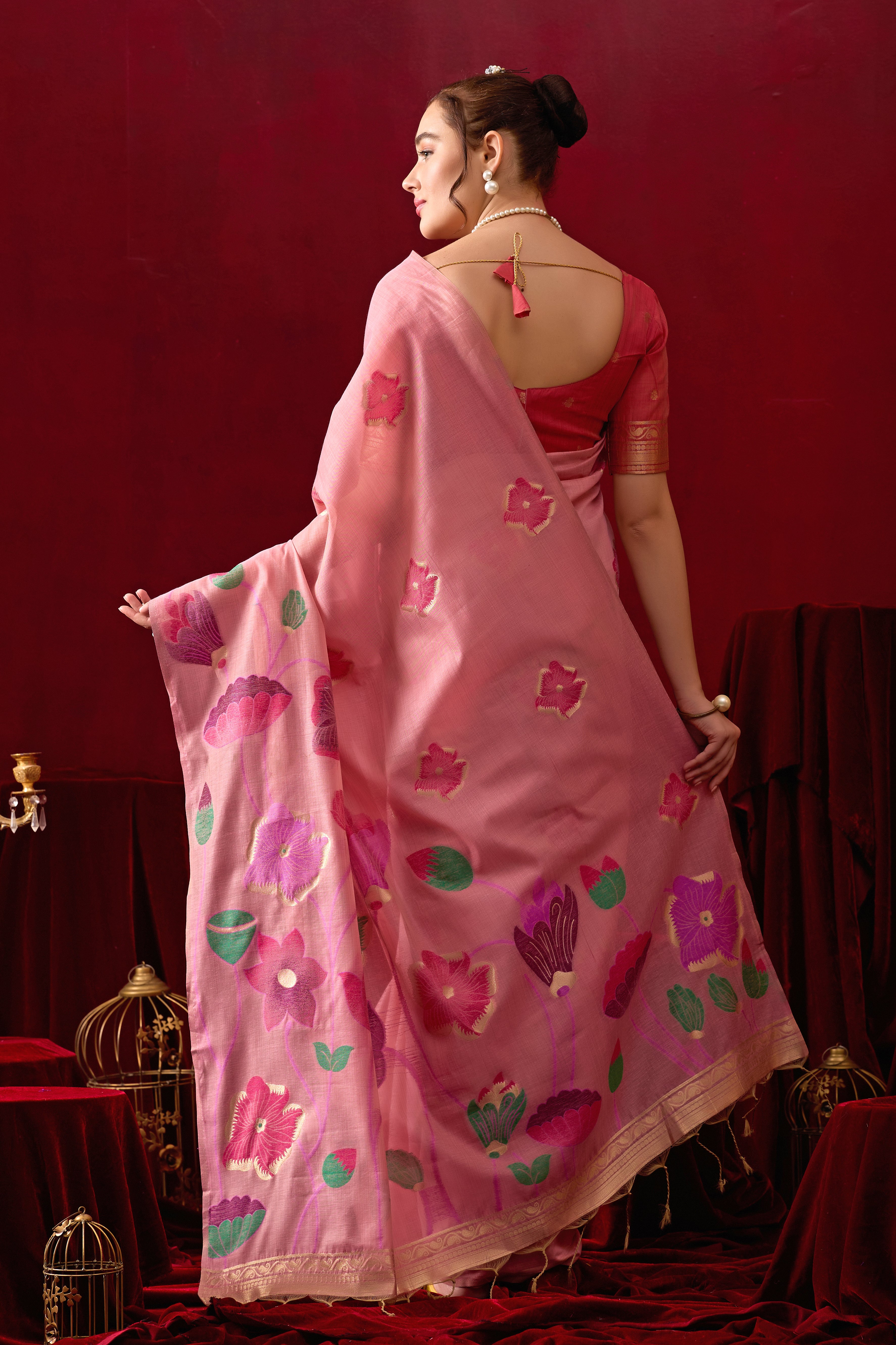 Muga Cotton Floral Design Saree in Pink