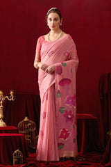 Muga Cotton Floral Design Saree in Pink