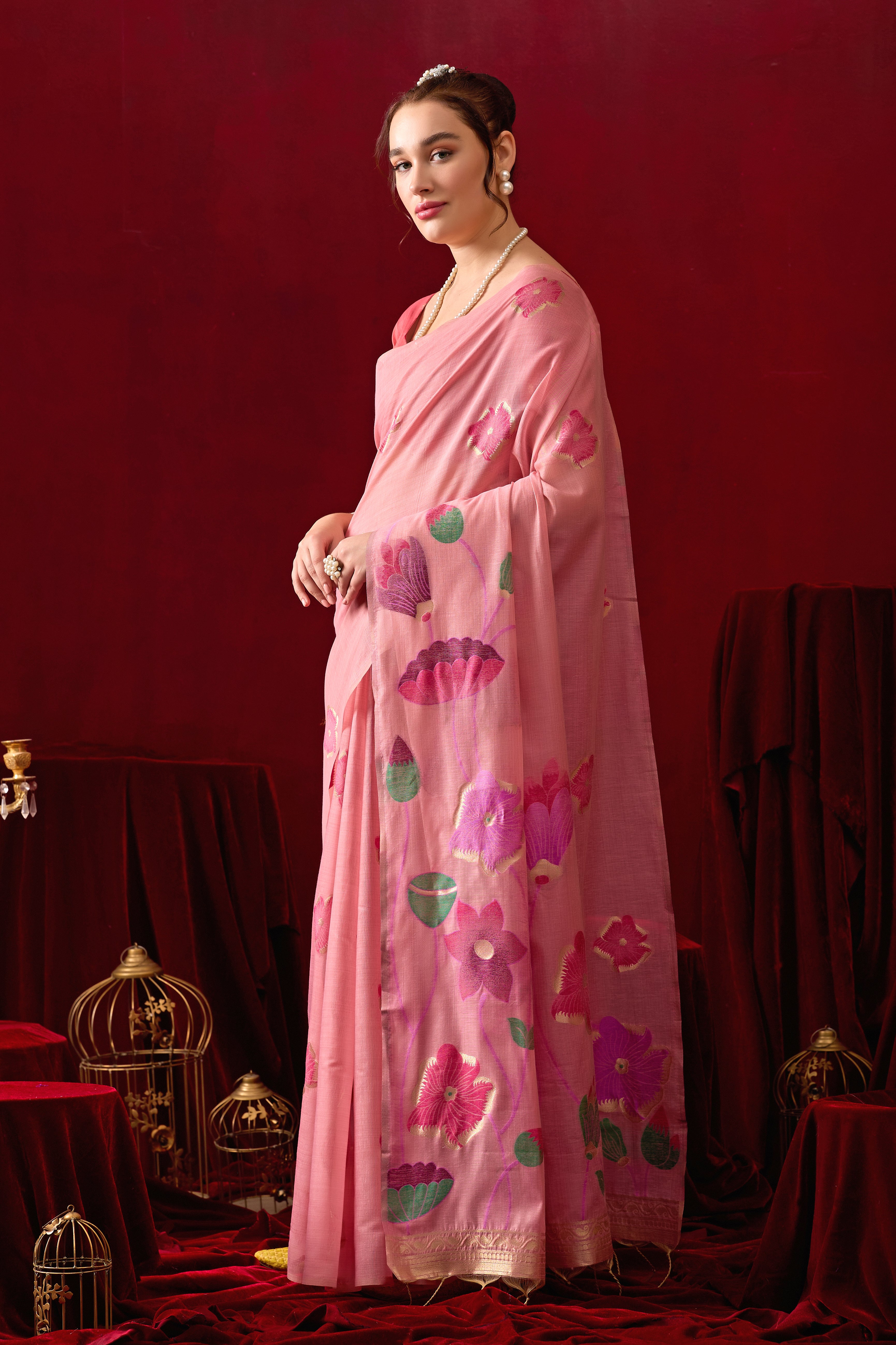 Muga Cotton Floral Design Saree in Pink