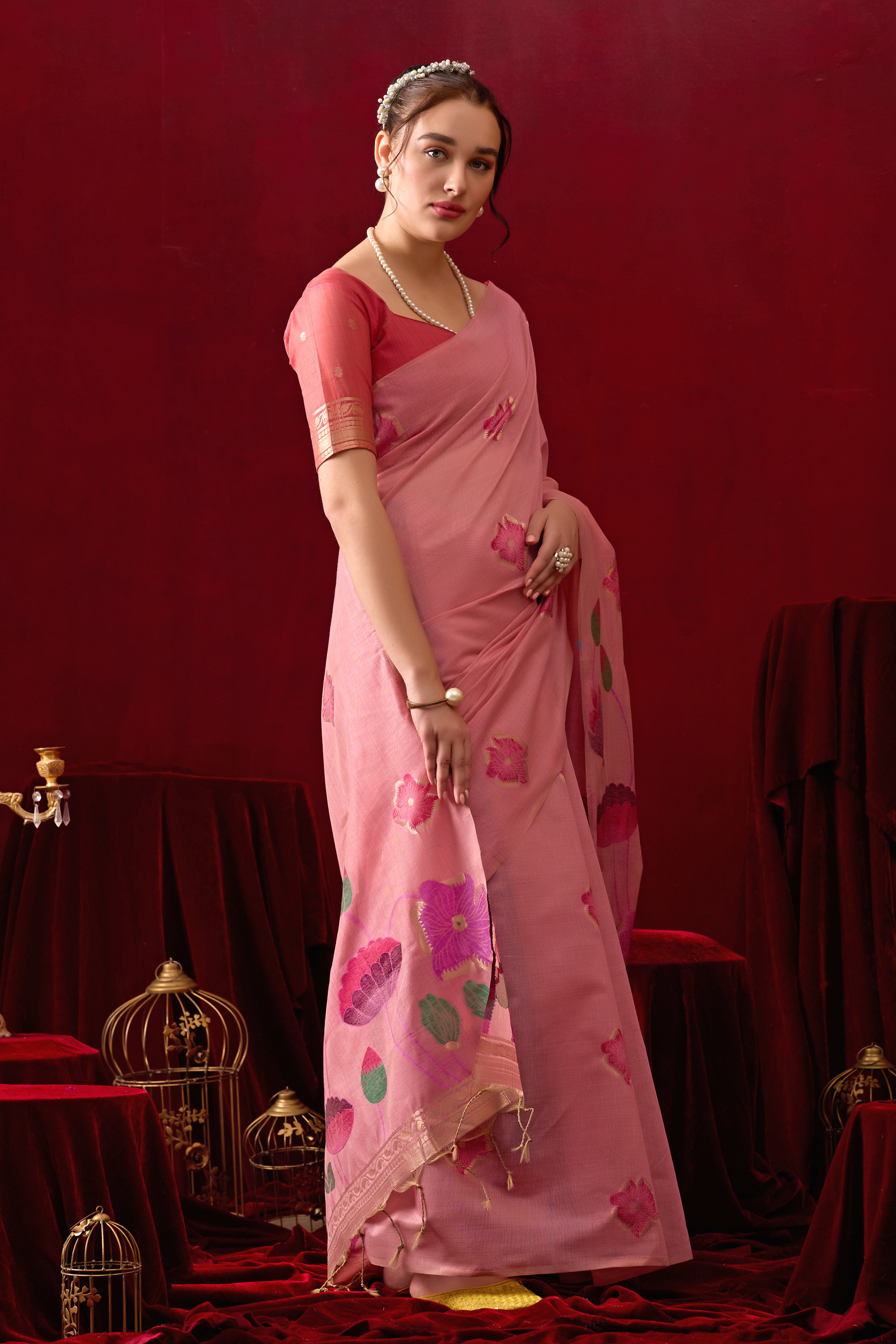 Muga Cotton Floral Design Saree in Pink
