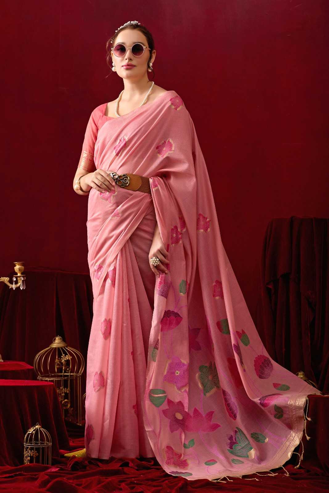 Muga Cotton Floral Design Saree in Pink