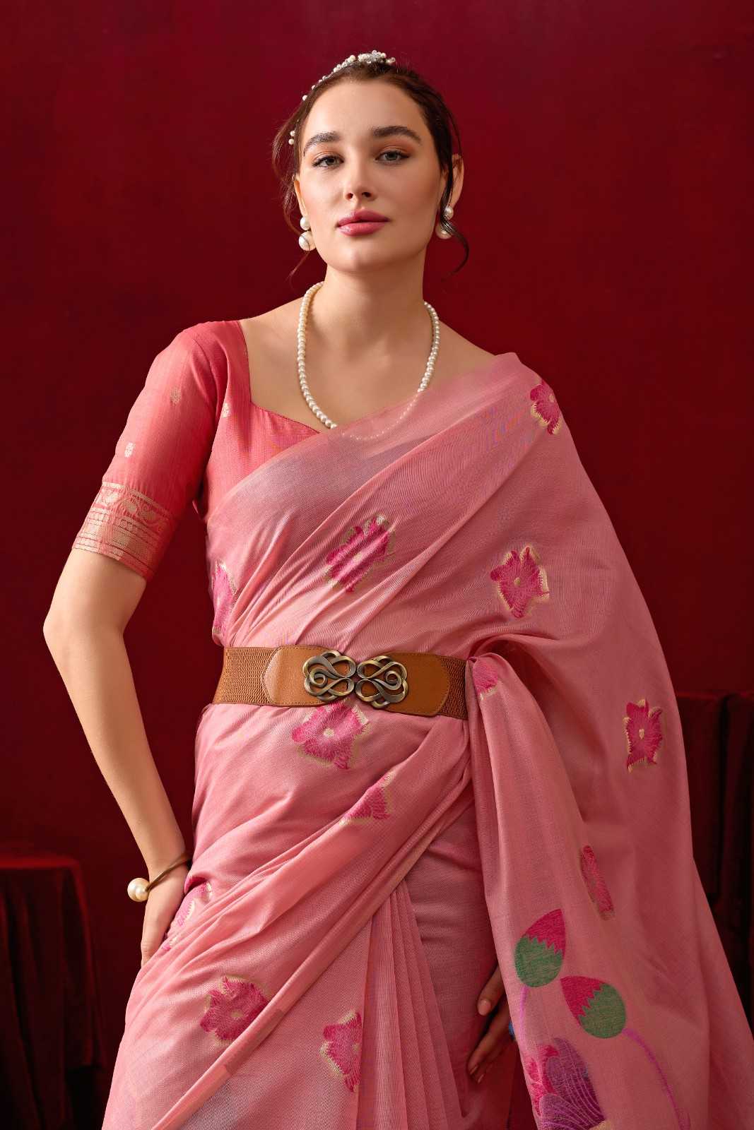 Muga Cotton Floral Design Saree in Pink