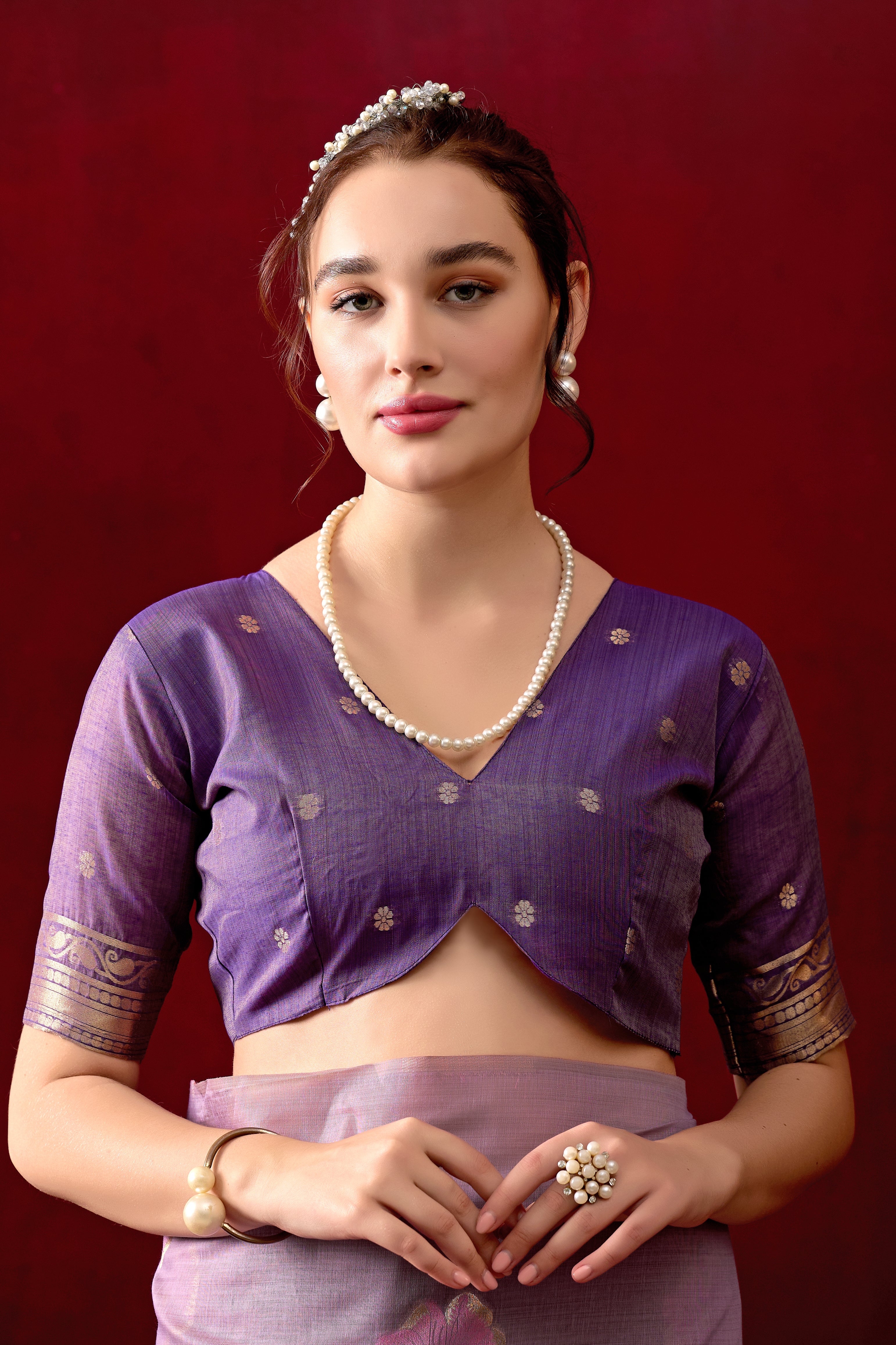 Muga Cotton Floral Design Saree in Purple