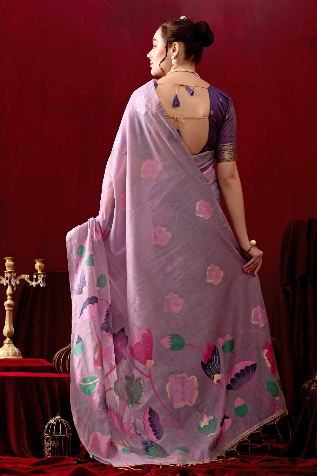 Muga Cotton Floral Design Saree in Purple