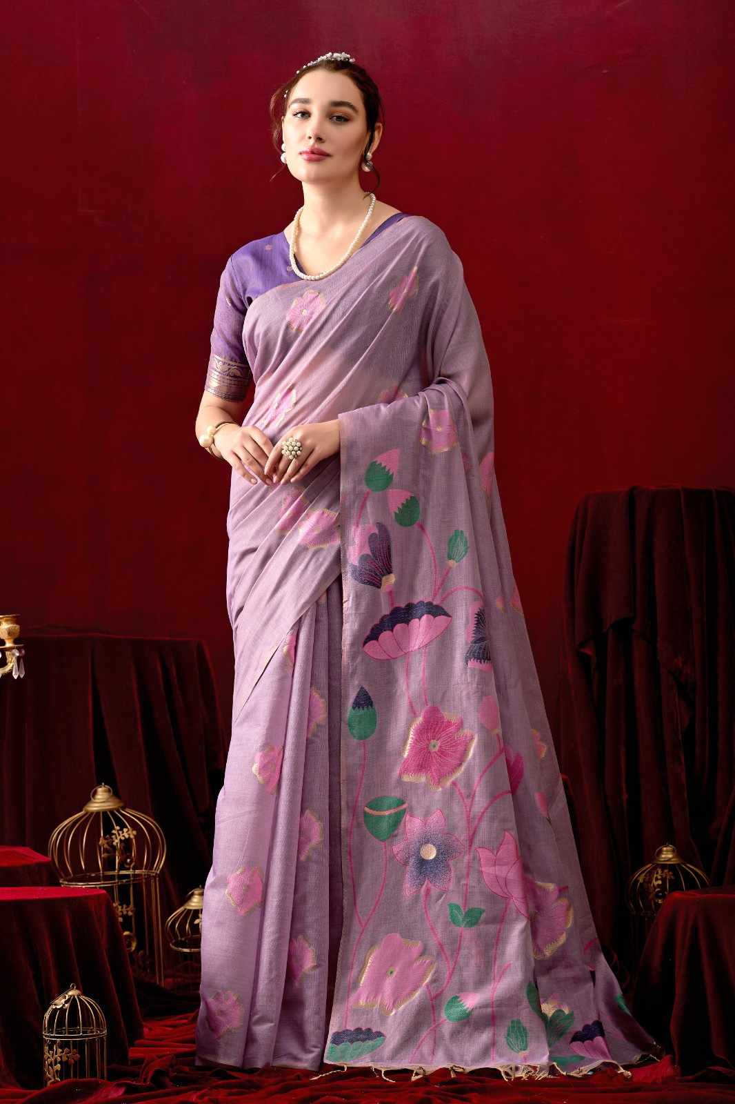 Muga Cotton Floral Design Saree in Purple