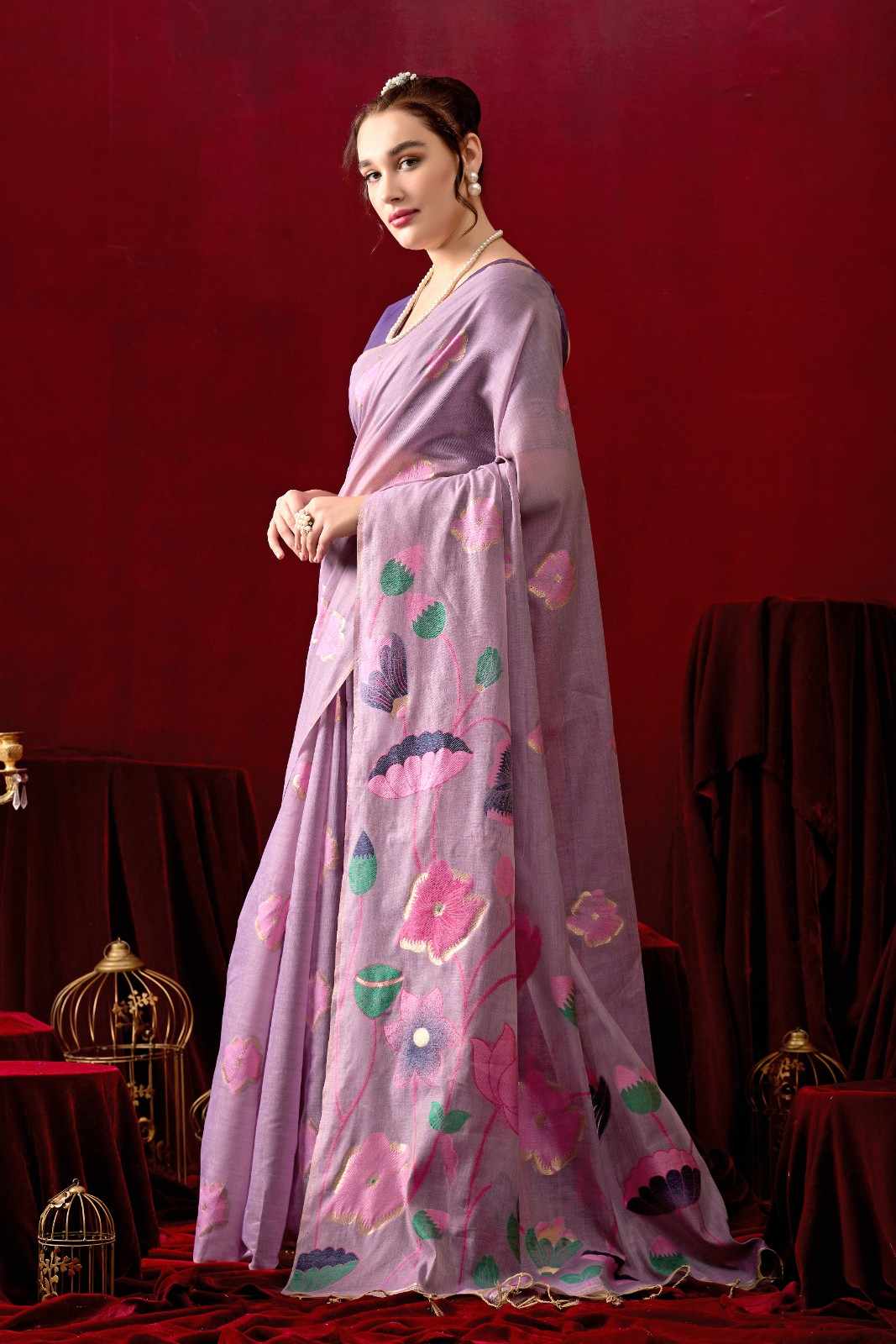 Muga Cotton Floral Design Saree in Purple