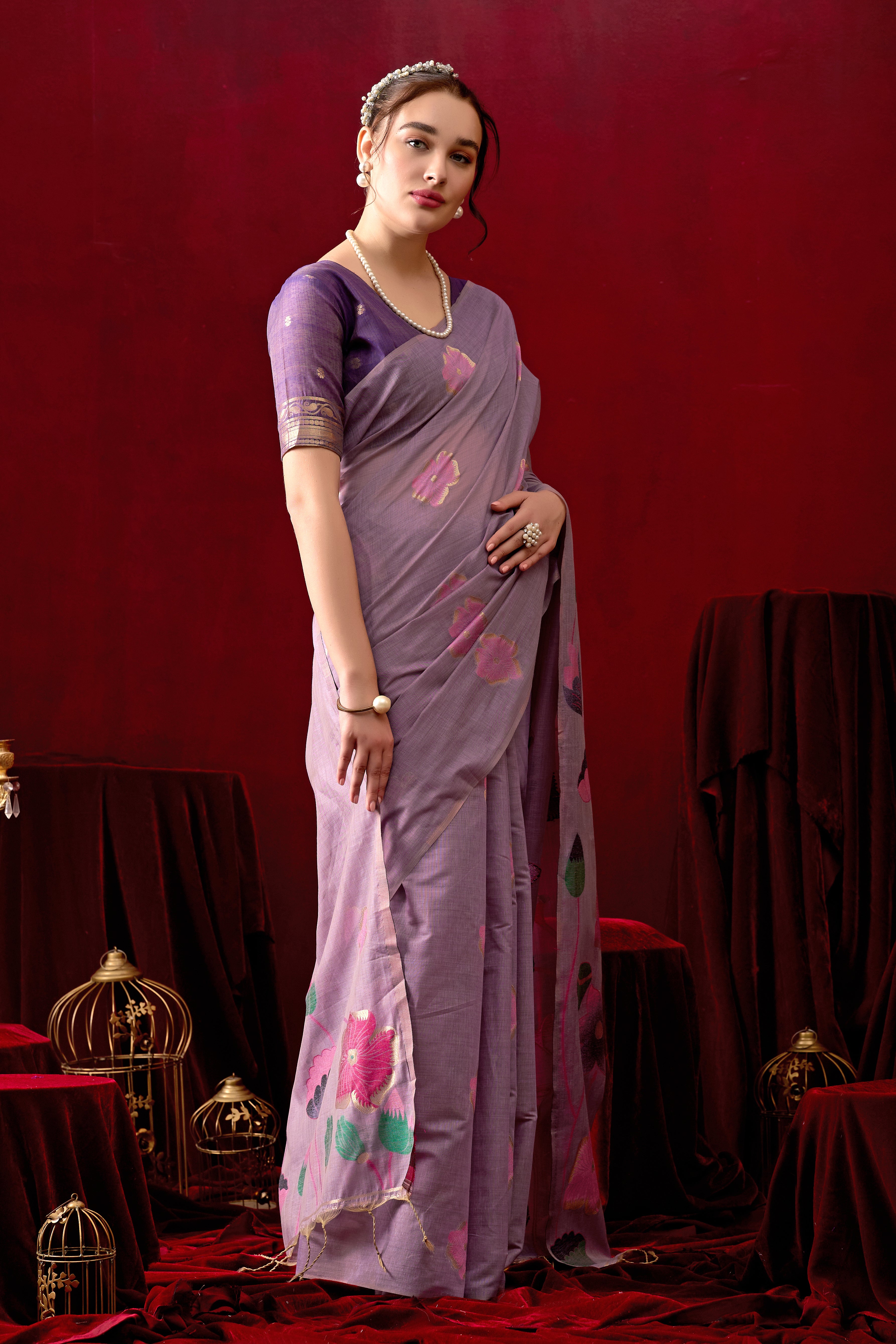 Muga Cotton Floral Design Saree in Purple