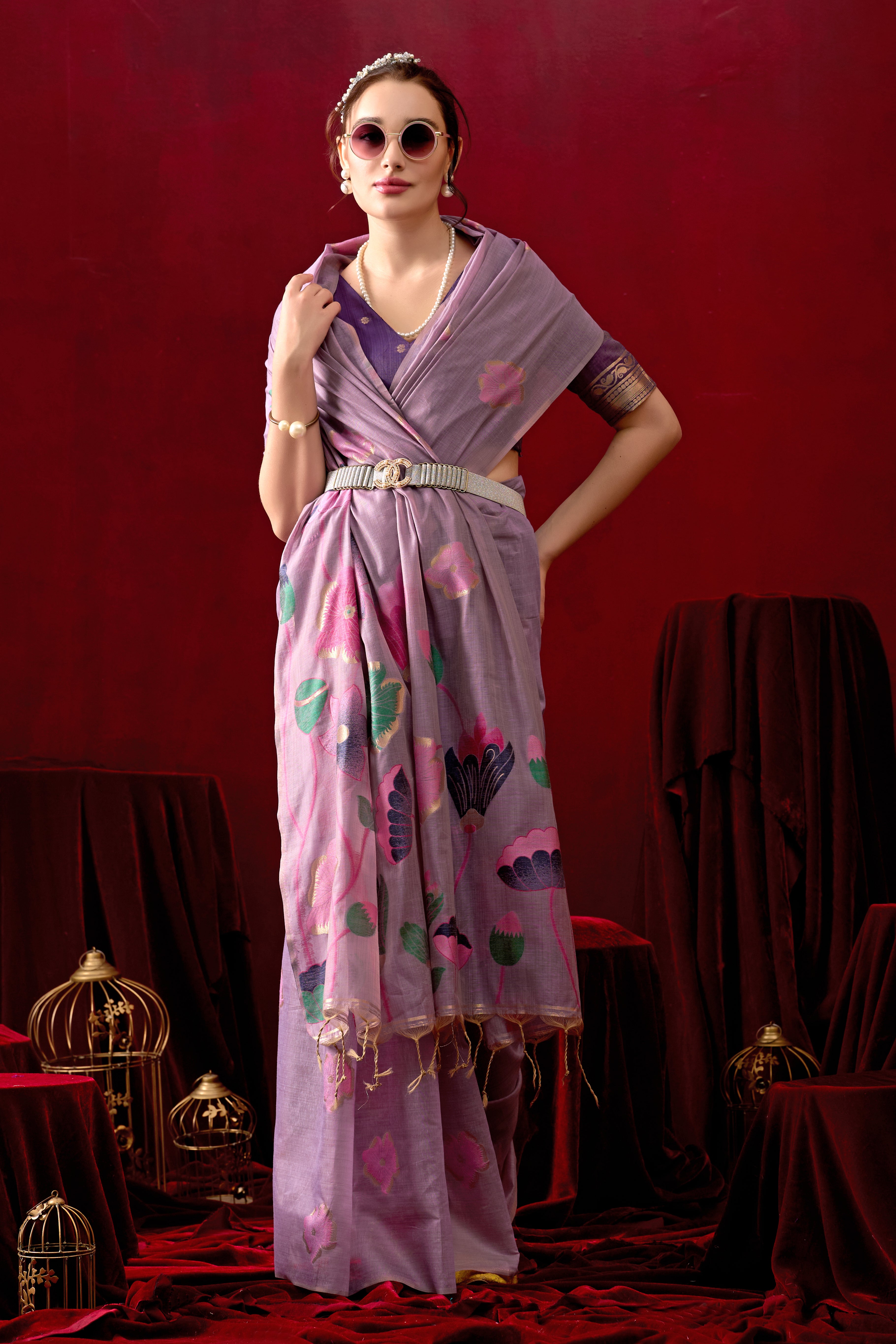 Muga Cotton Floral Design Saree in Purple