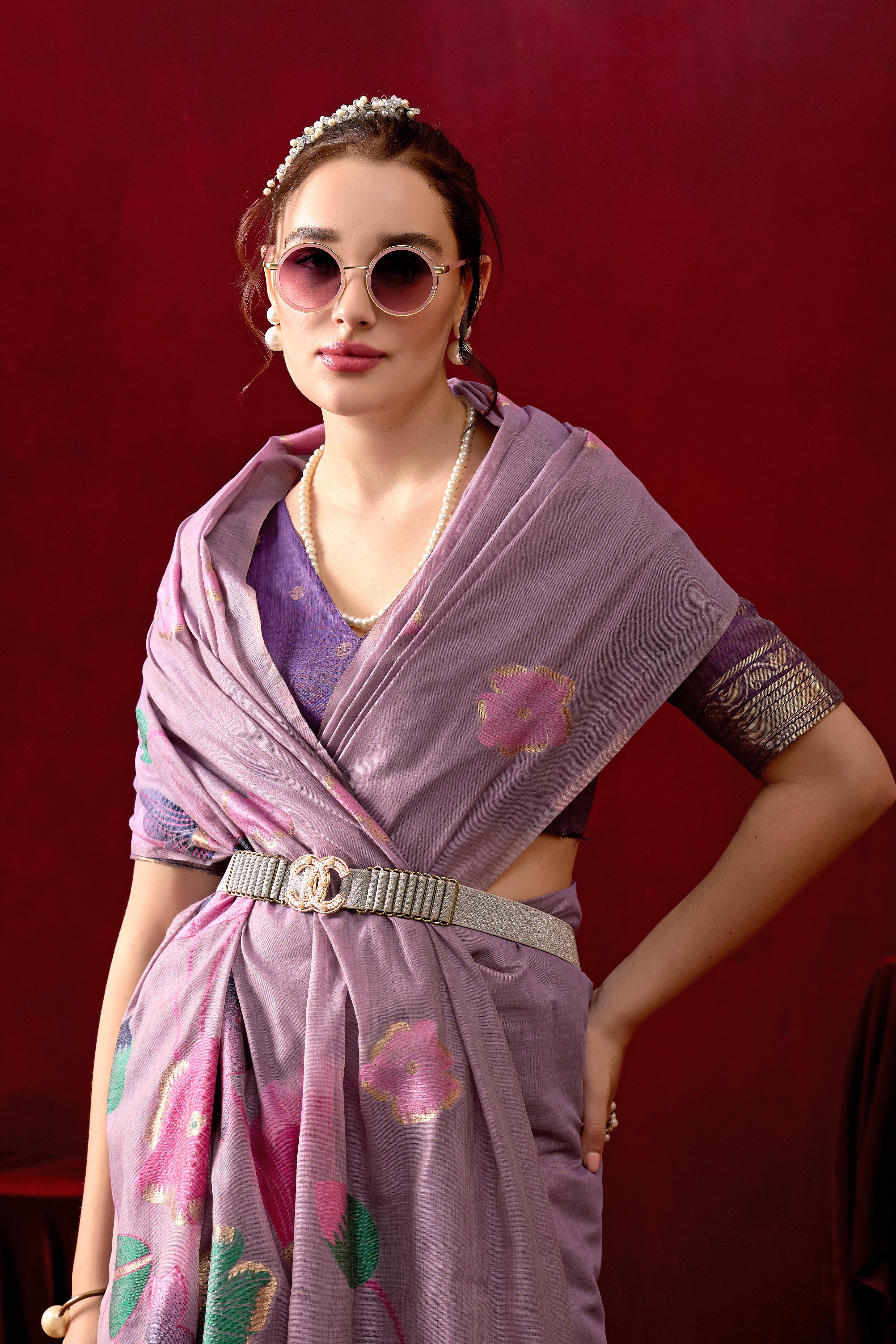 Muga Cotton Floral Design Saree in Purple