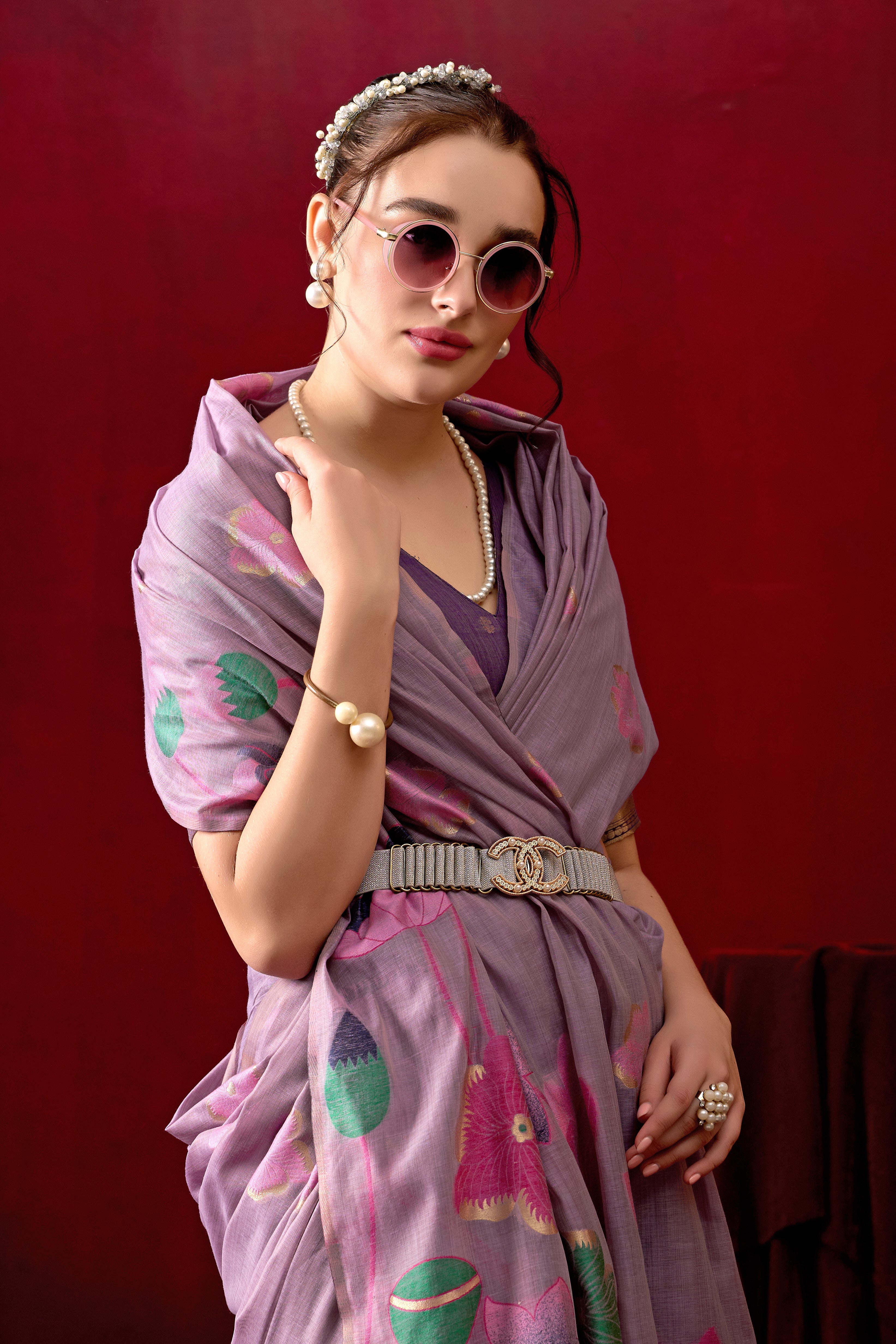 Muga Cotton Floral Design Saree in Purple