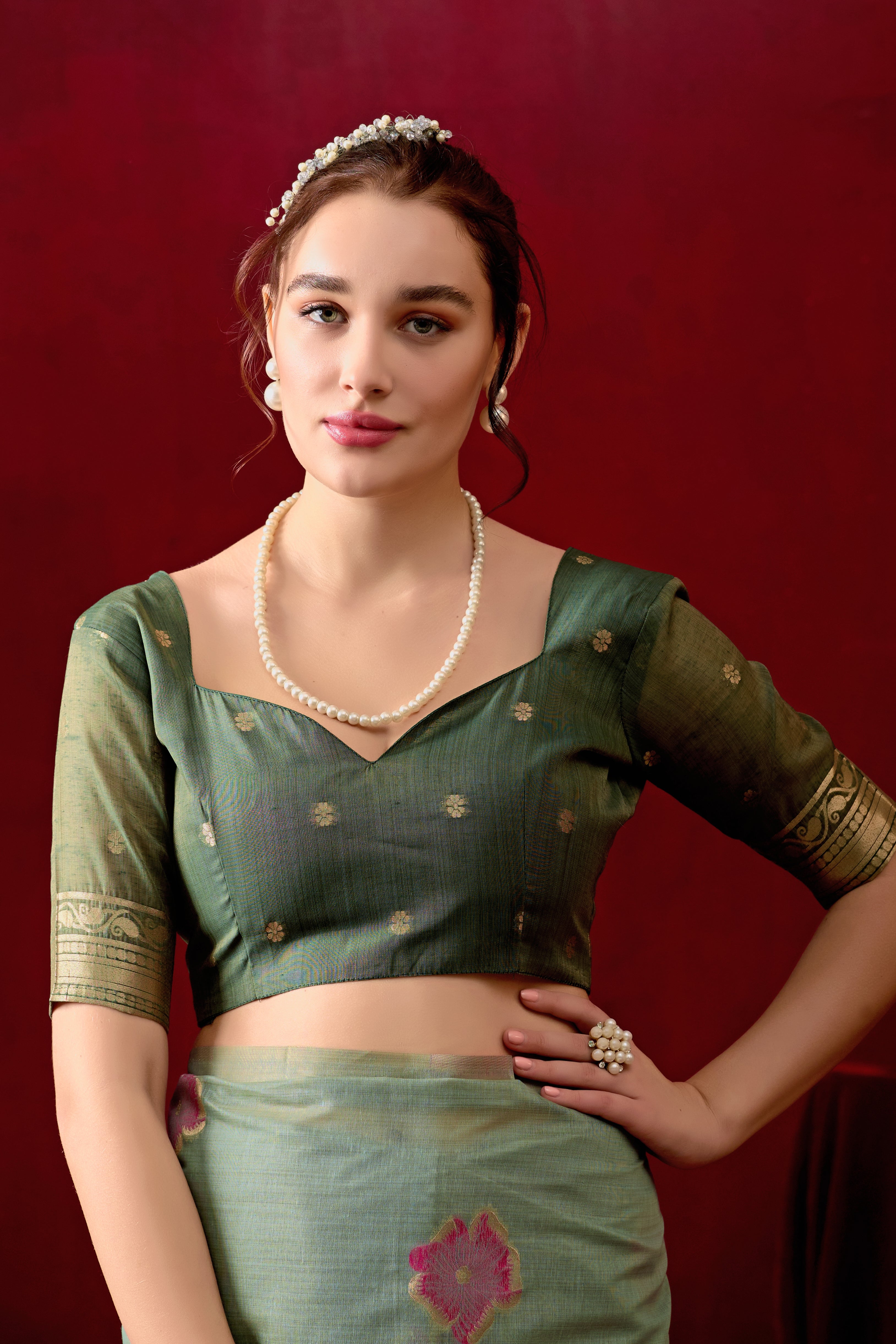 Muga Cotton Floral Design Saree in Green