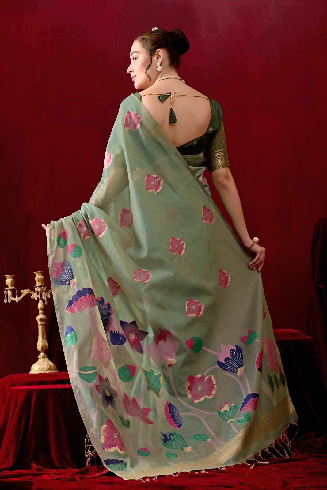 Muga Cotton Floral Design Saree in Green