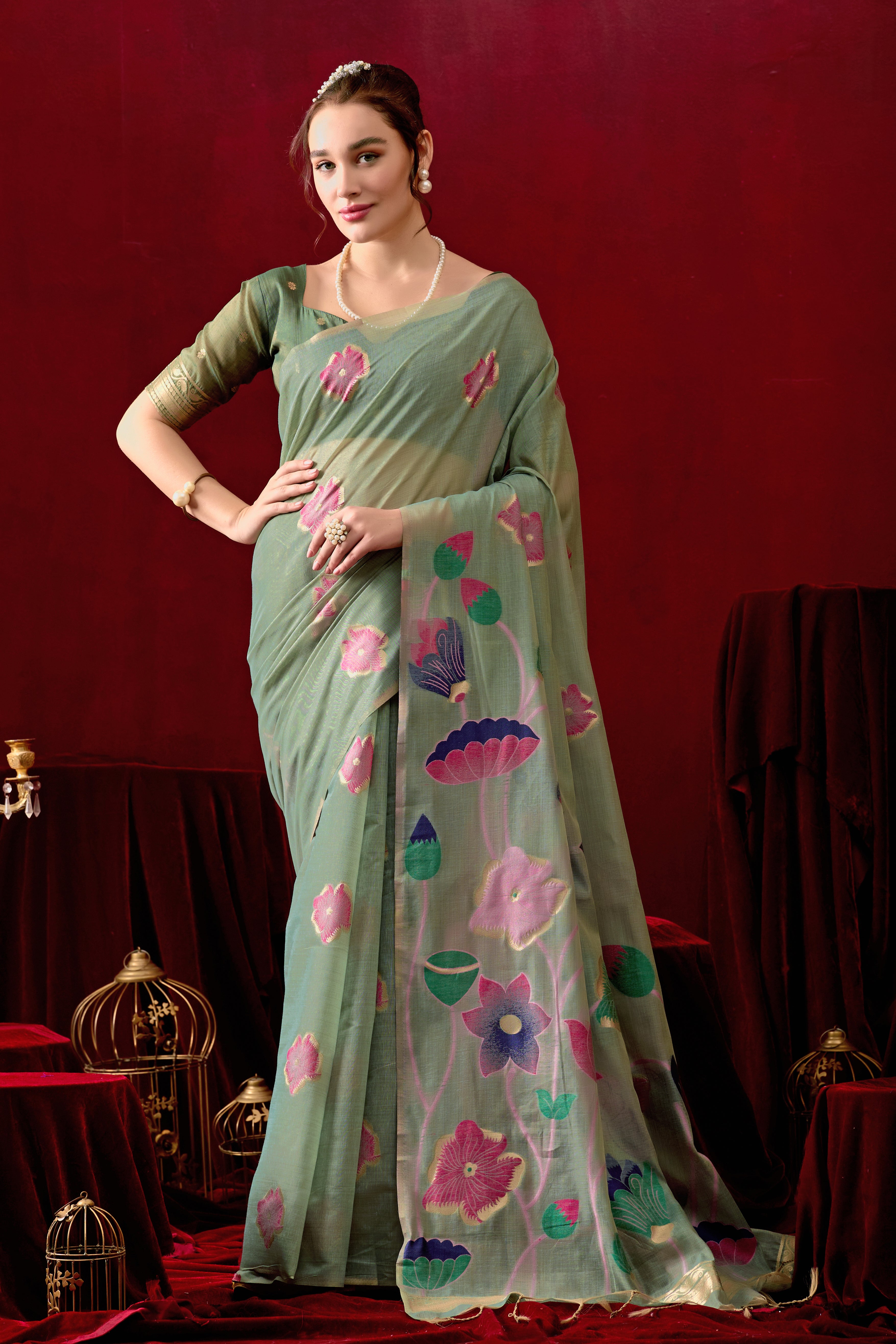 Muga Cotton Floral Design Saree in Green