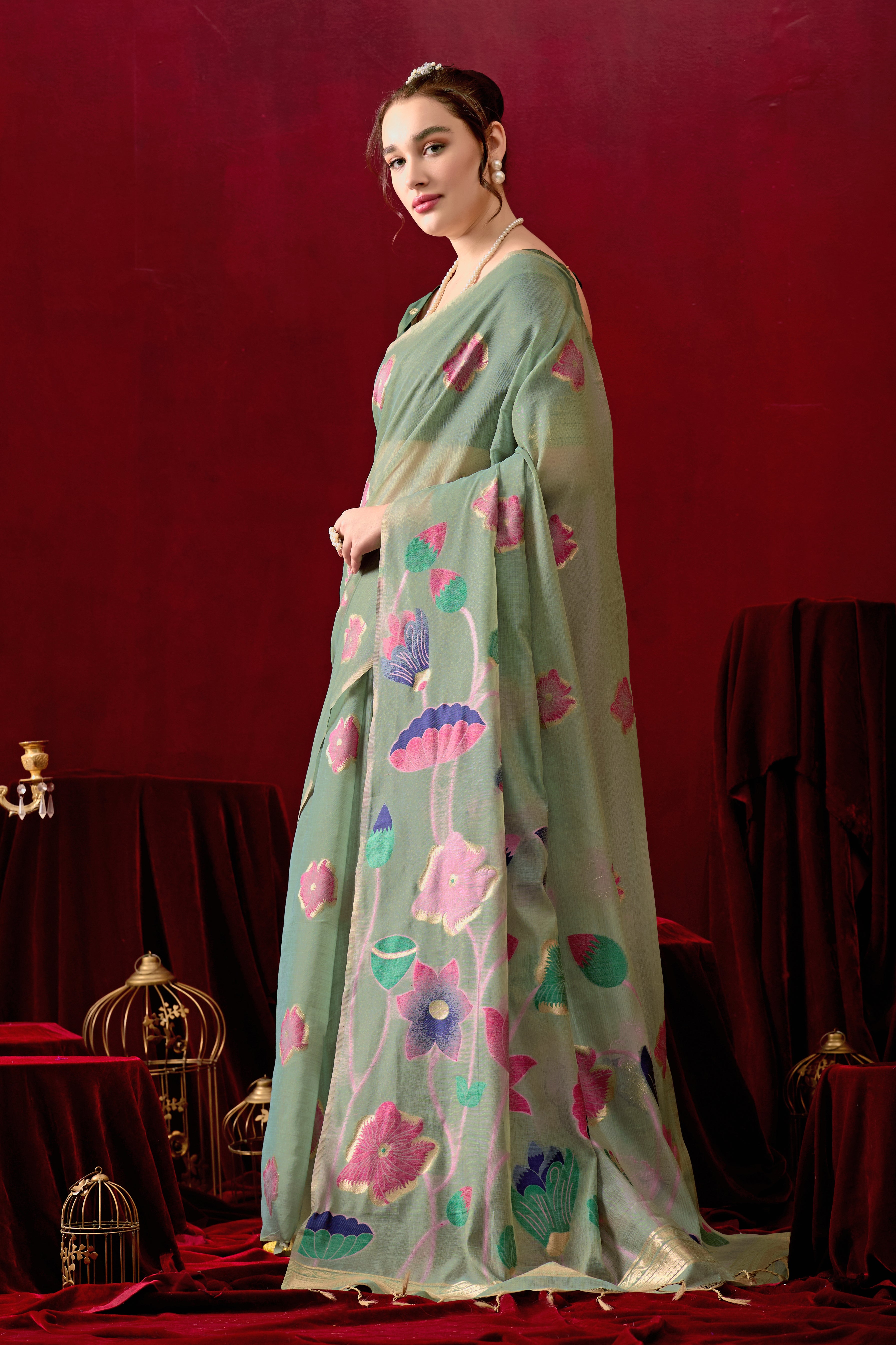 Muga Cotton Floral Design Saree in Green