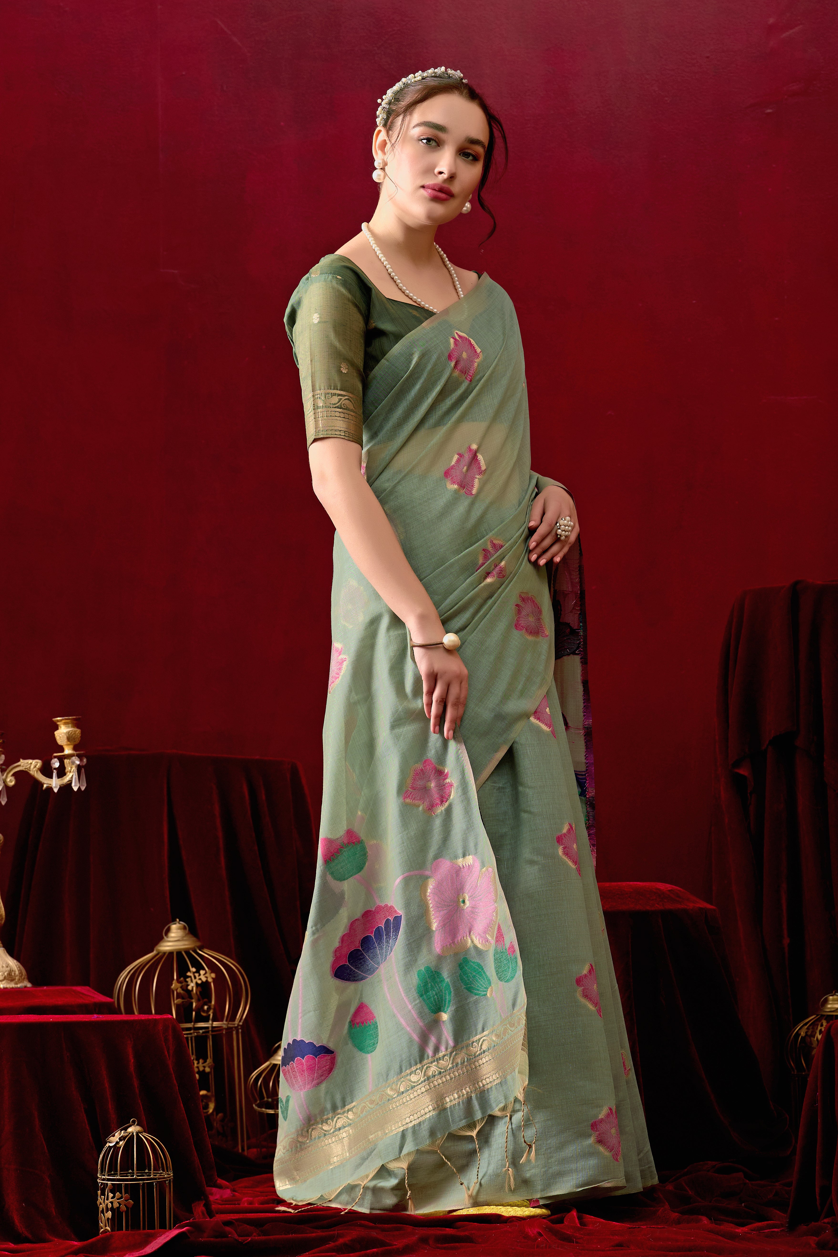 Muga Cotton Floral Design Saree in Green