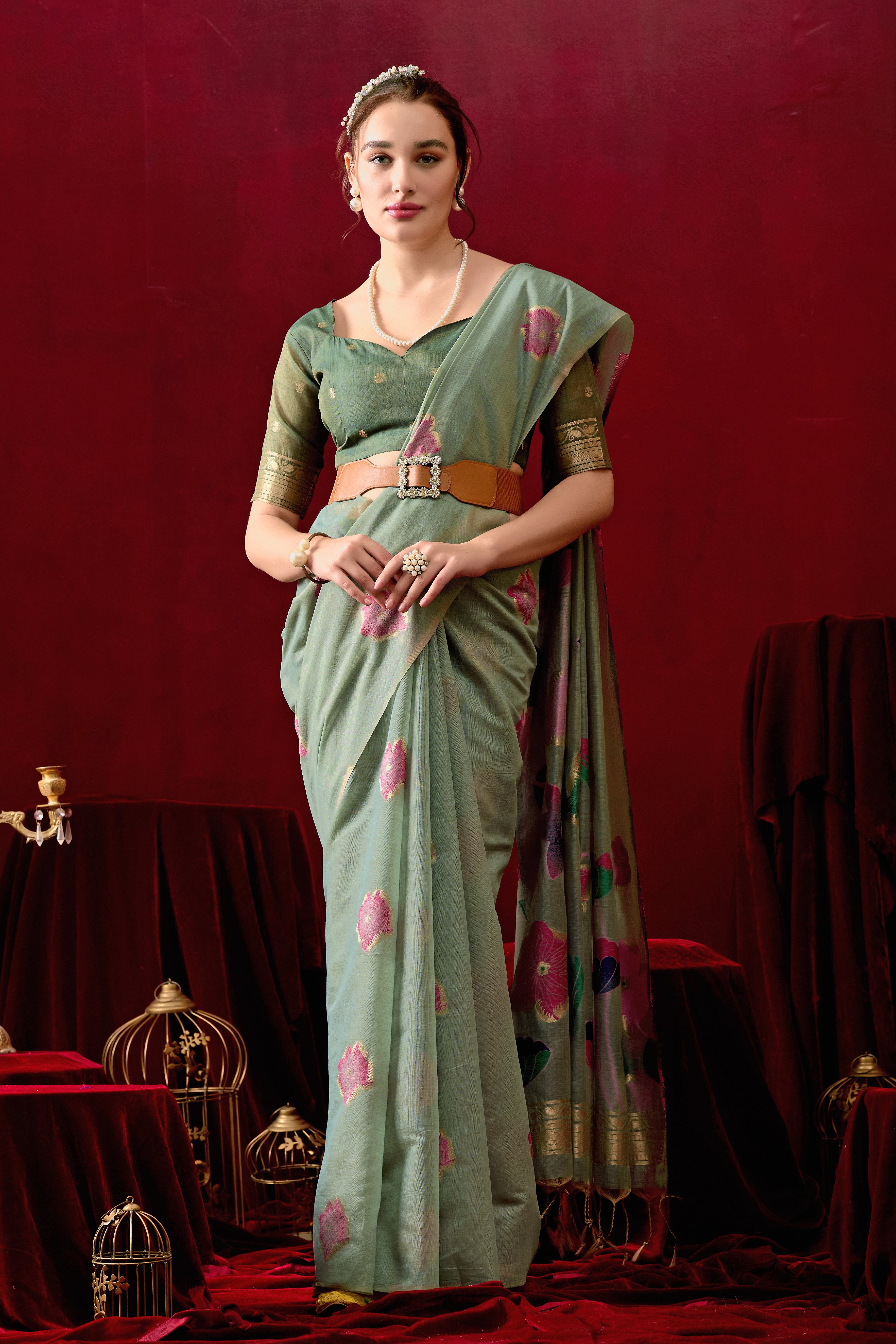 Muga Cotton Floral Design Saree in Green