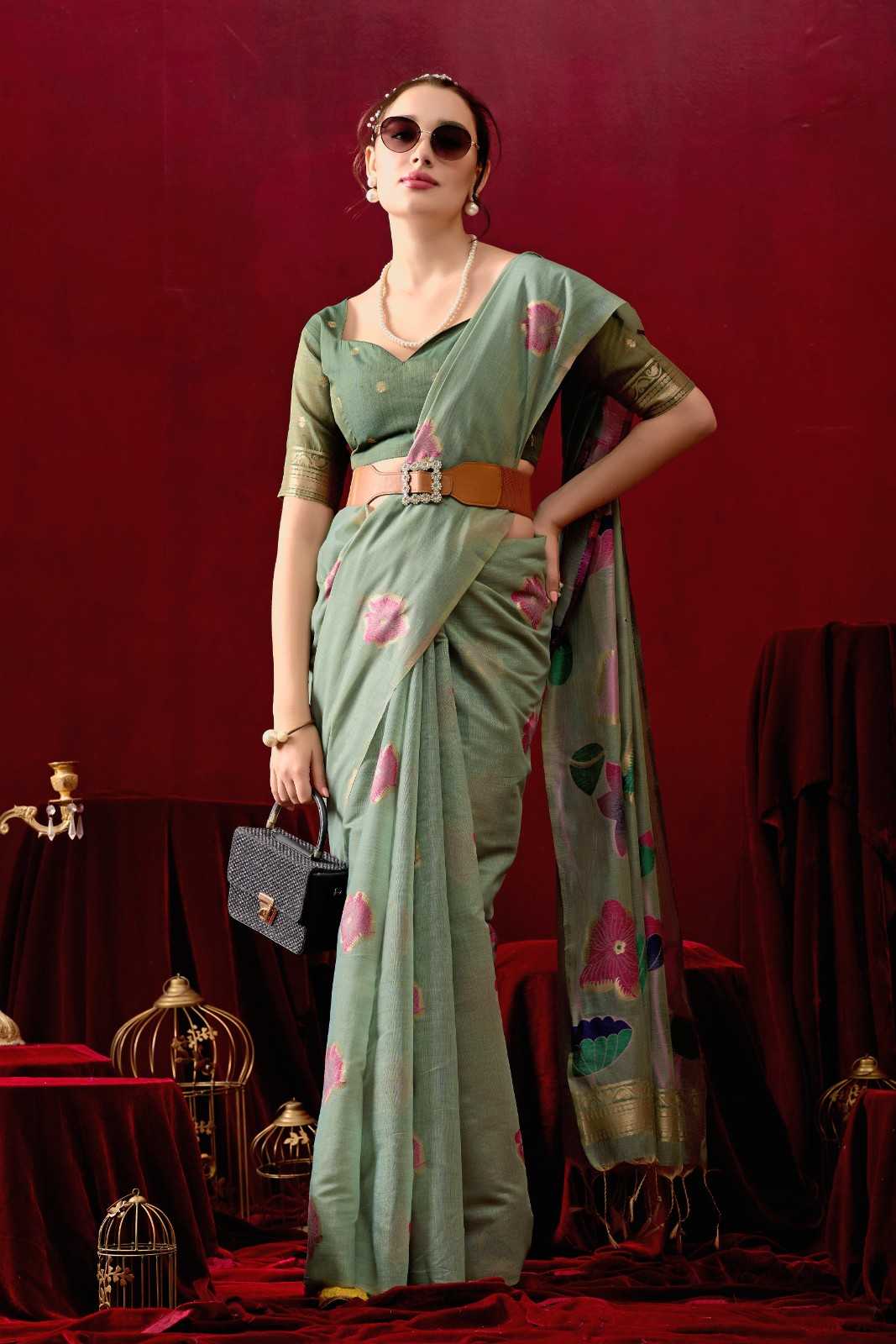 Muga Cotton Floral Design Saree in Green