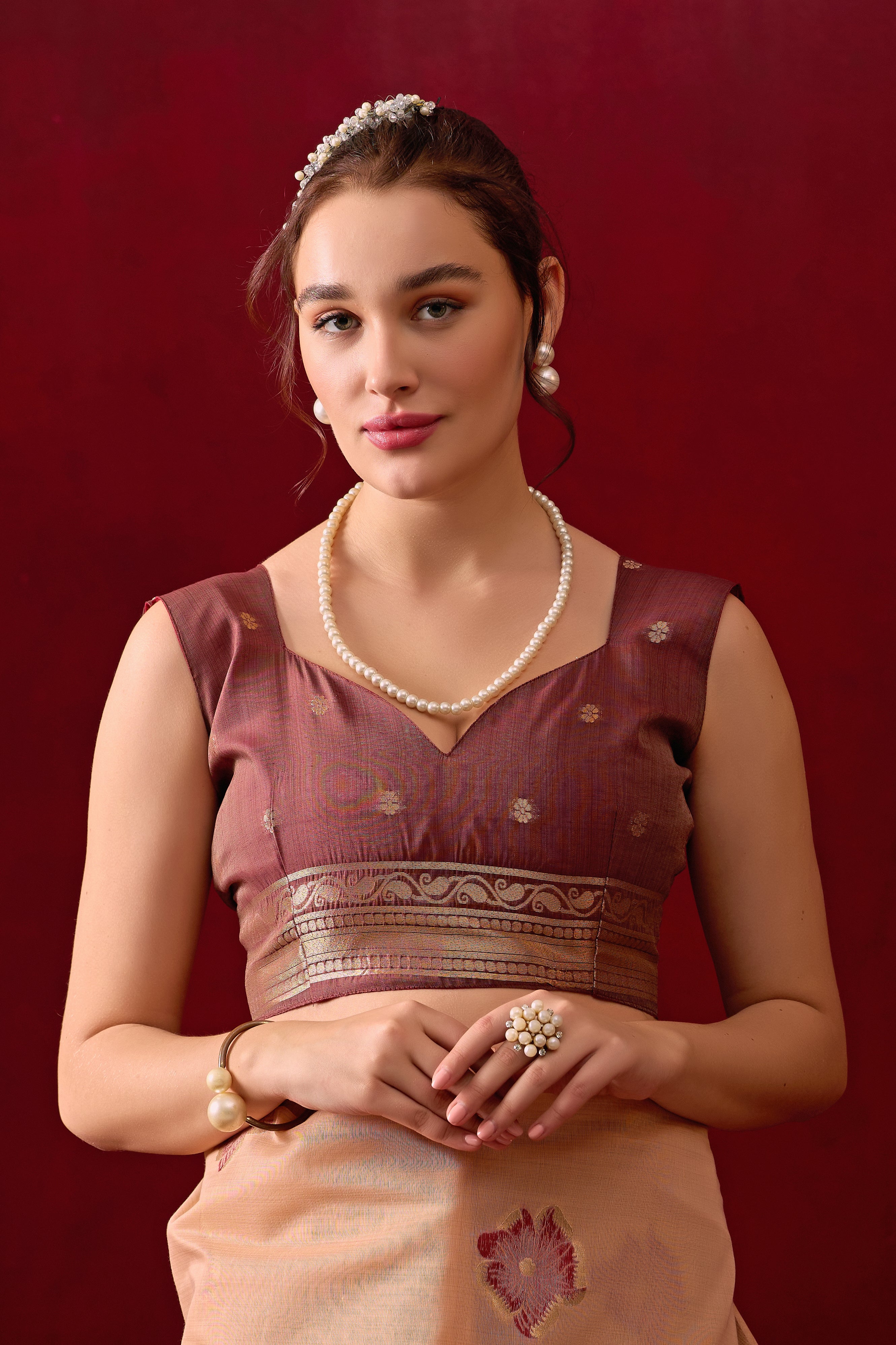 Muga Cotton Floral Design Saree in Peach