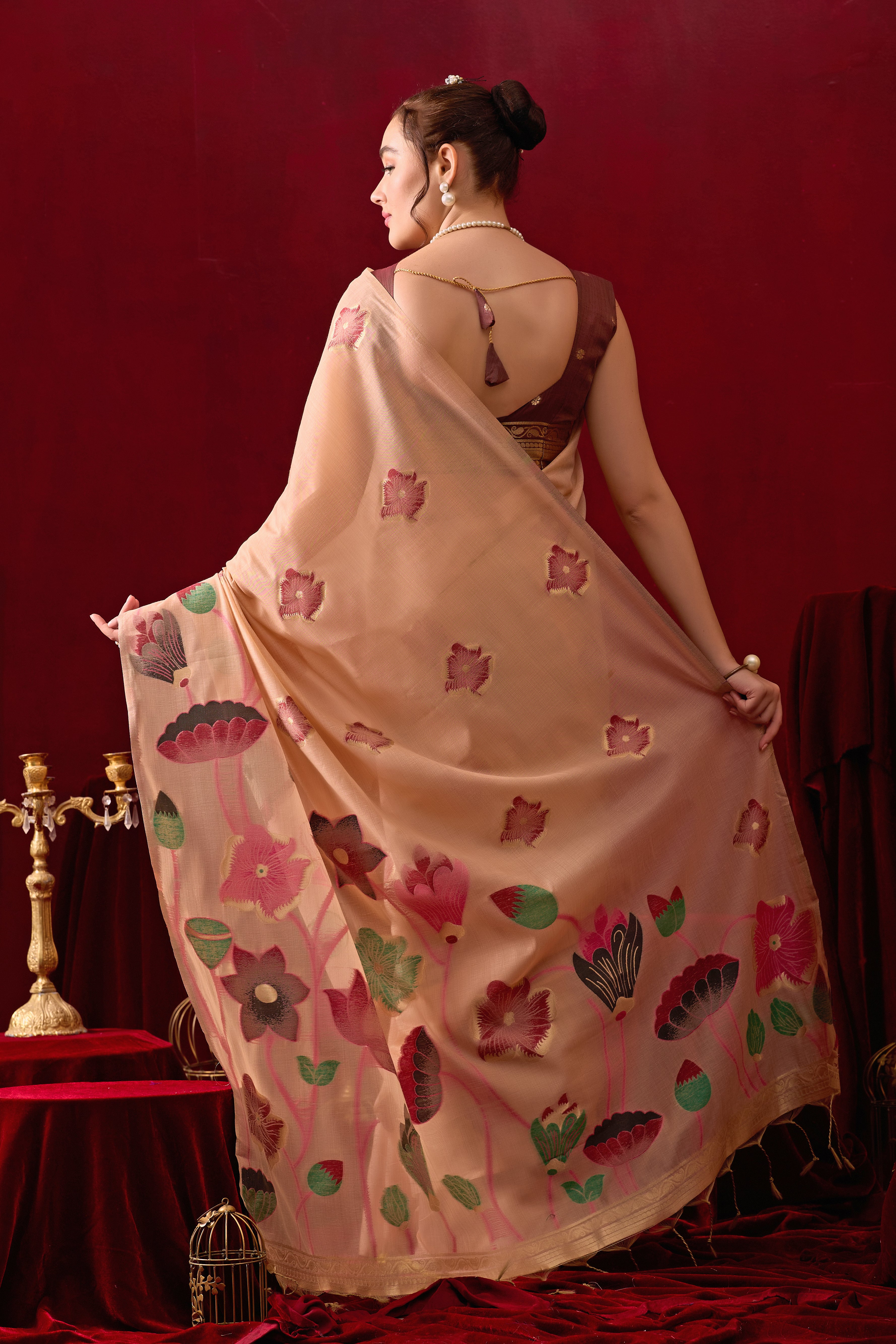 Muga Cotton Floral Design Saree in Peach