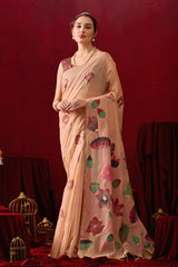 Muga Cotton Floral Design Saree in Peach