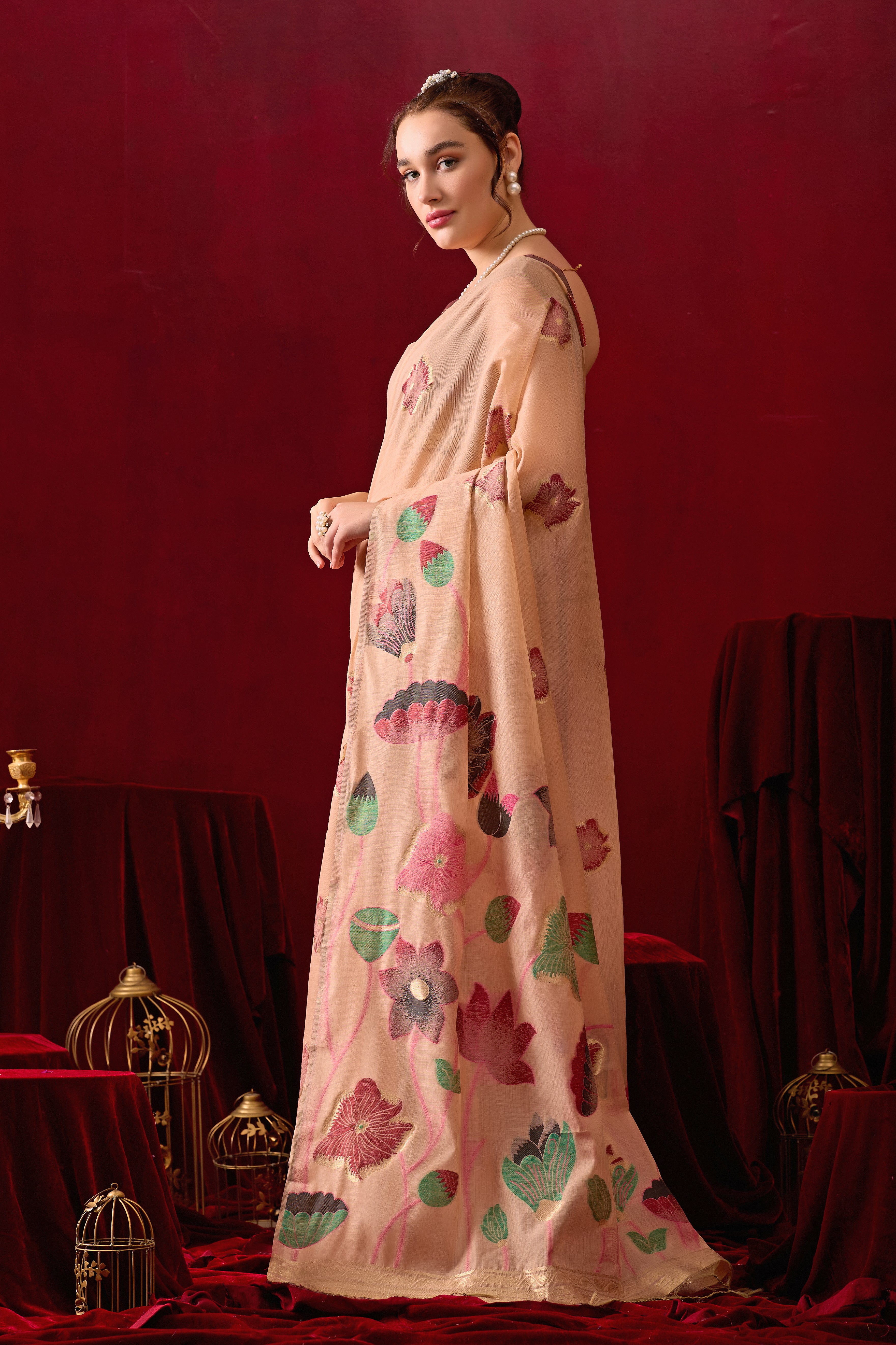 Muga Cotton Floral Design Saree in Peach