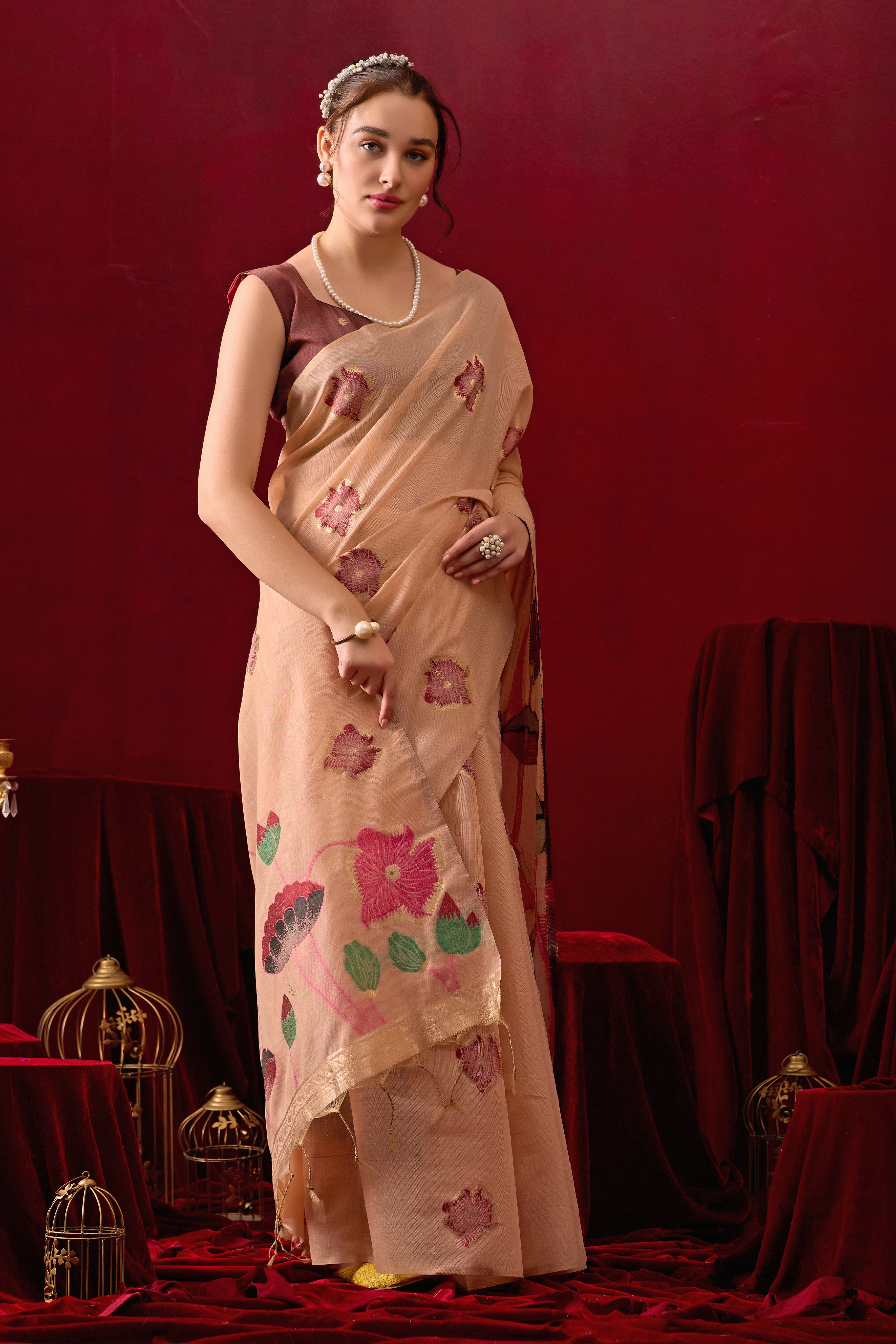 Muga Cotton Floral Design Saree in Peach