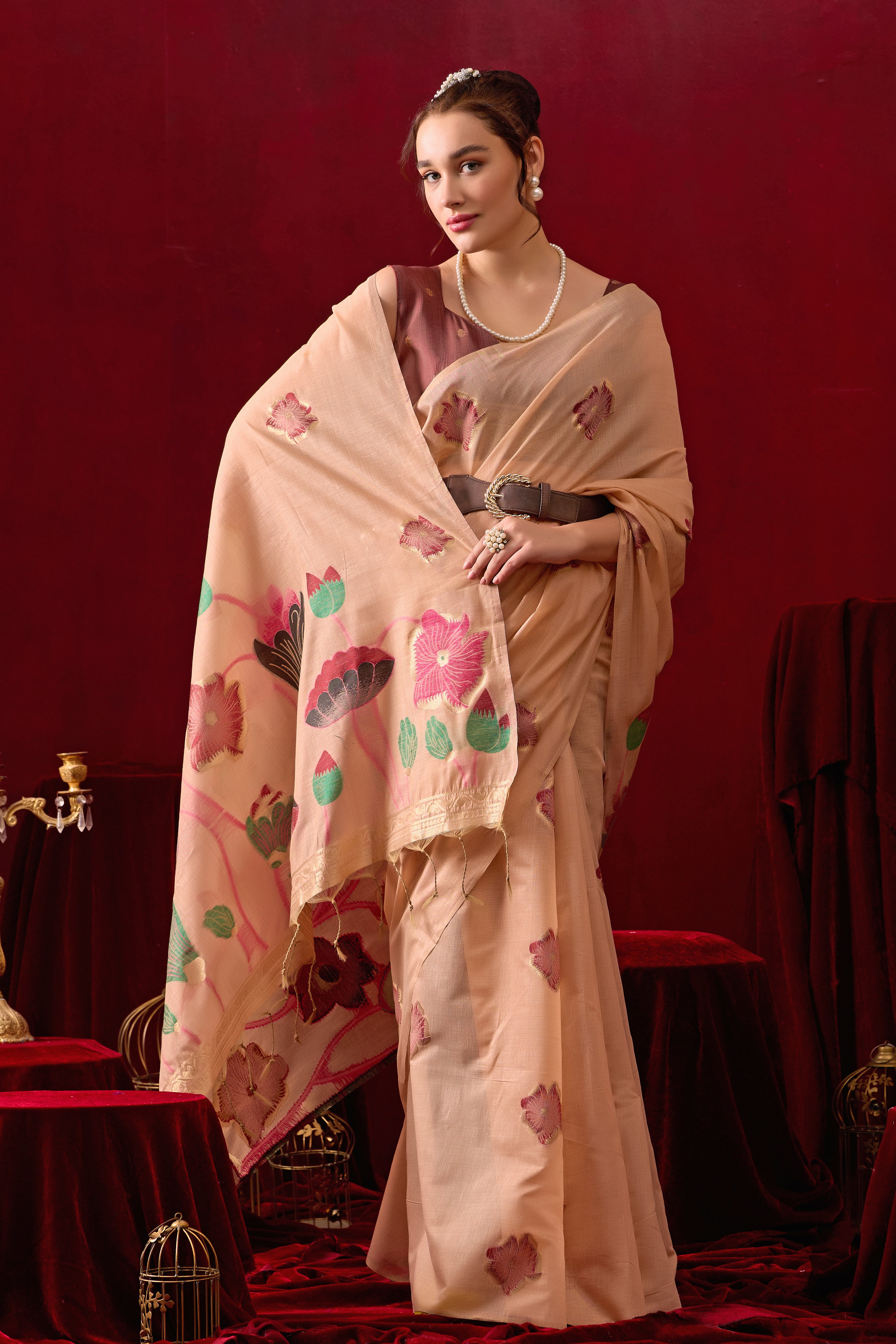Muga Cotton Floral Design Saree in Peach