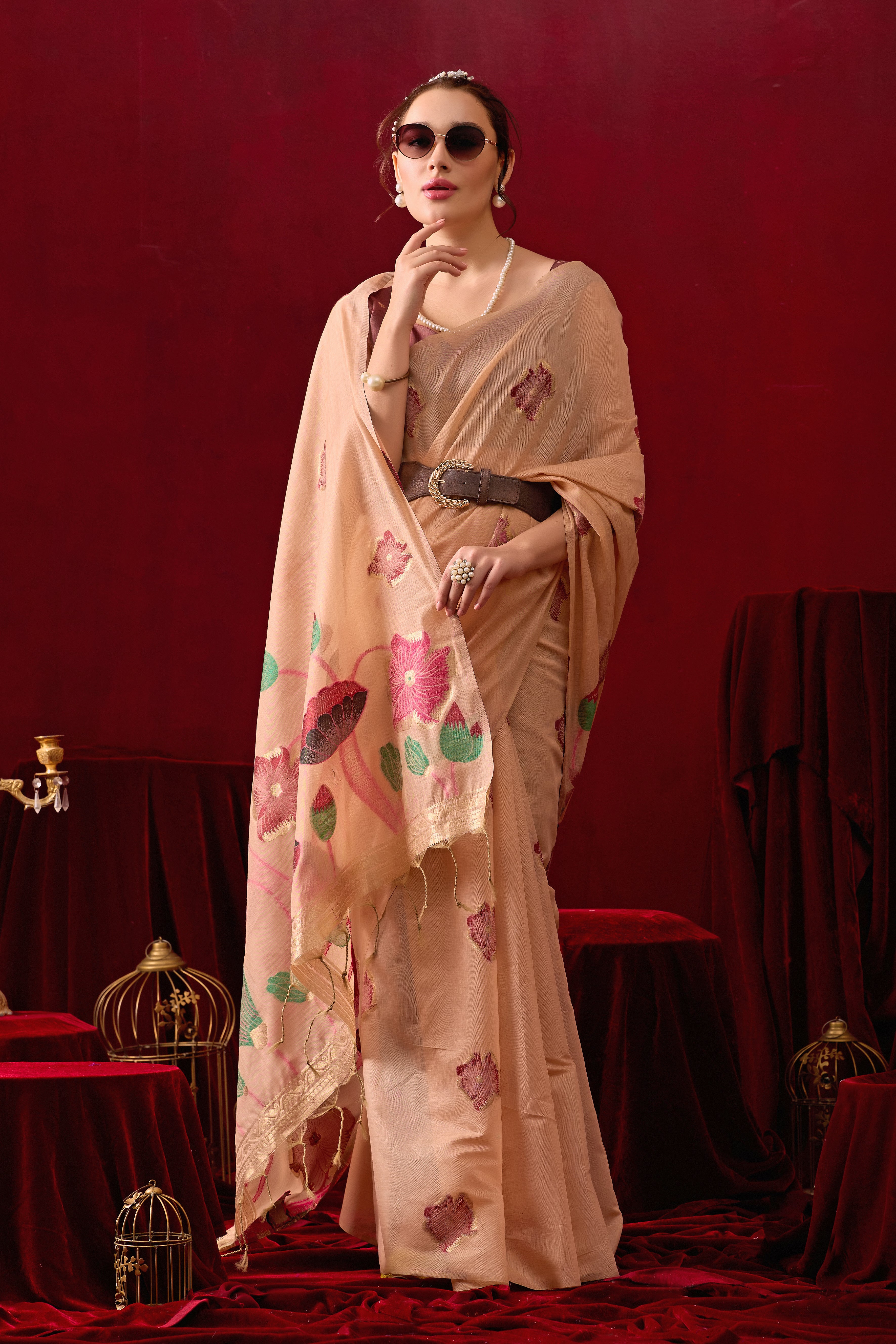 Muga Cotton Floral Design Saree in Peach