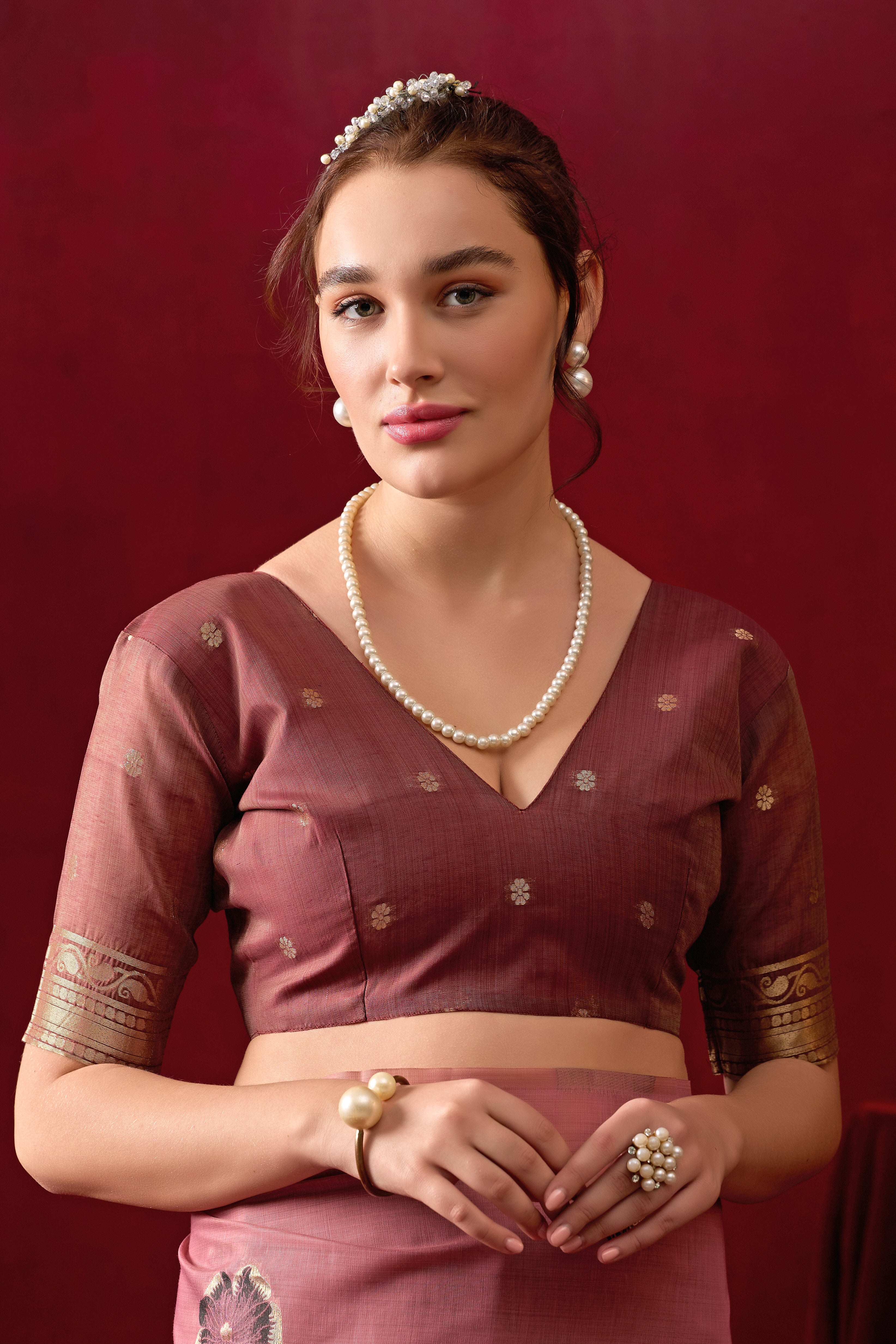 Muga Cotton Floral Design Saree in Wine