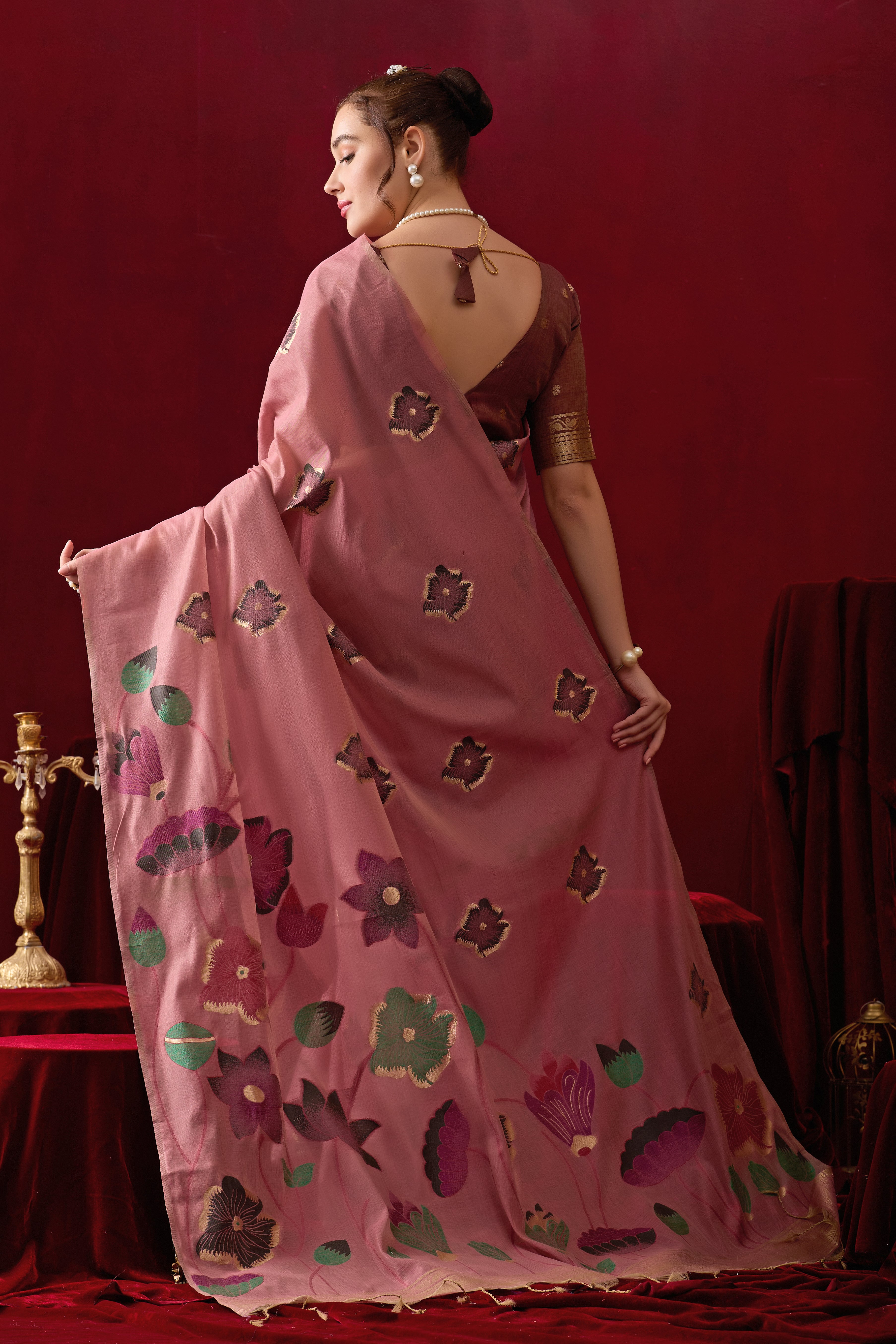 Muga Cotton Floral Design Saree in Wine