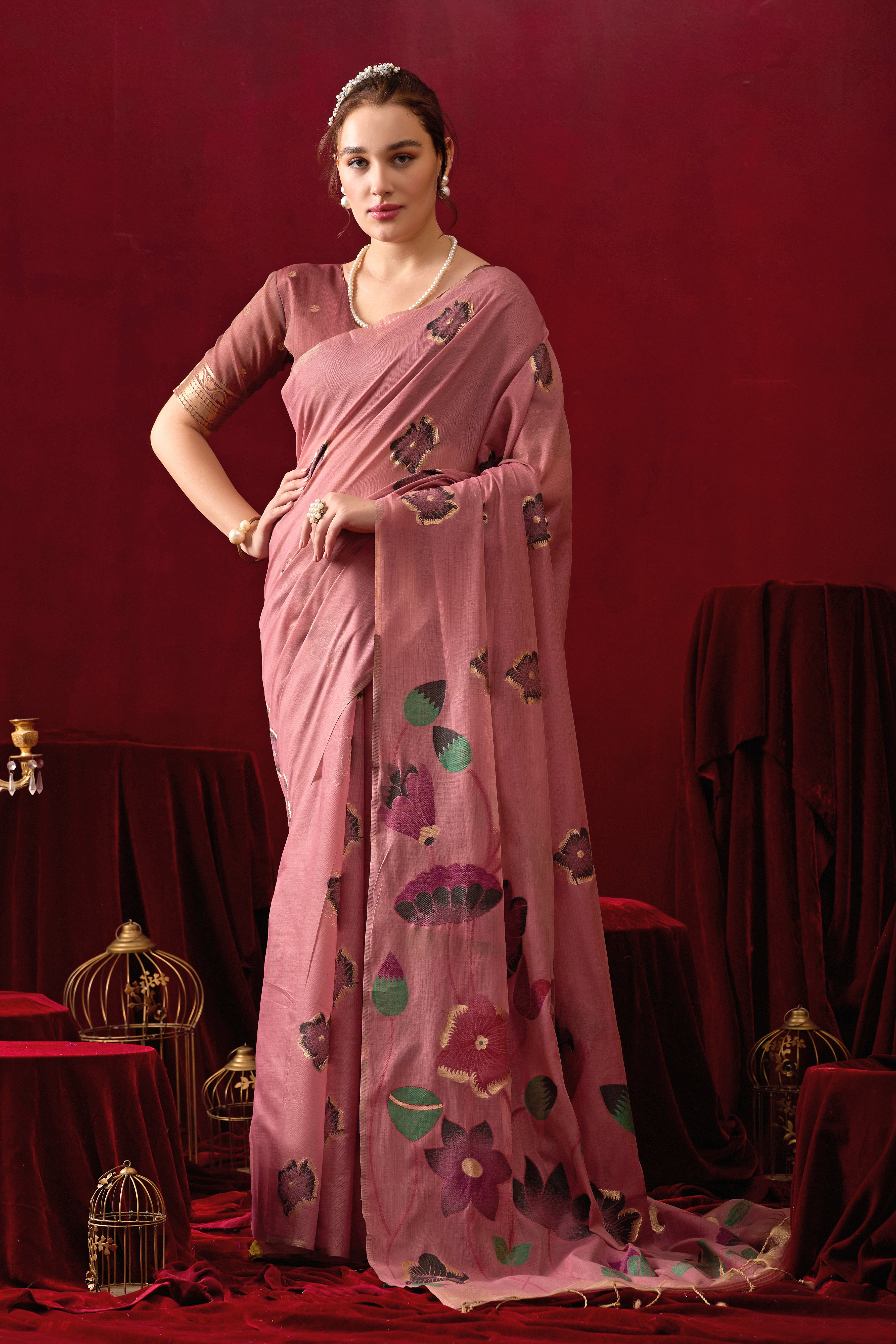 Muga Cotton Floral Design Saree in Wine