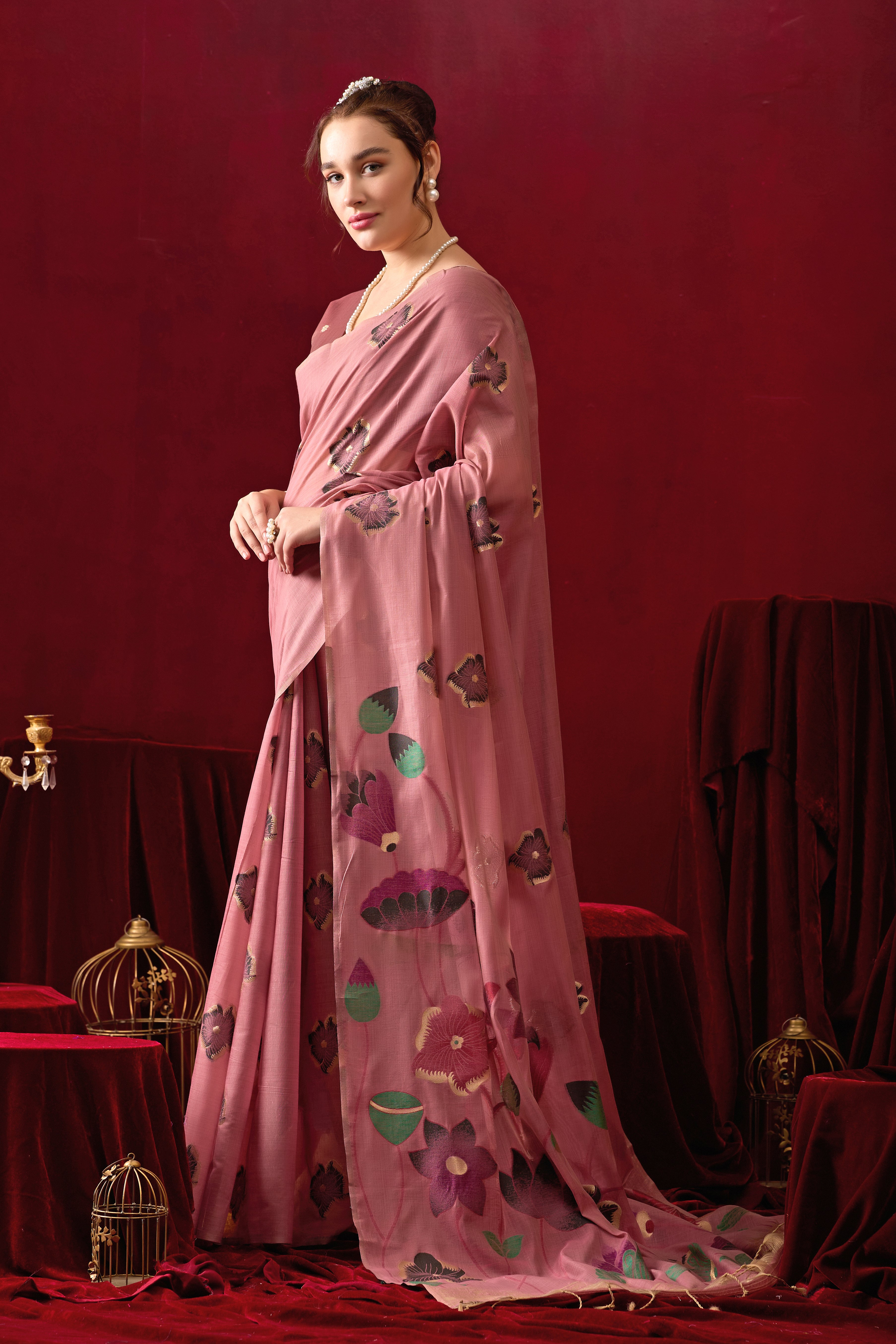 Muga Cotton Floral Design Saree in Wine