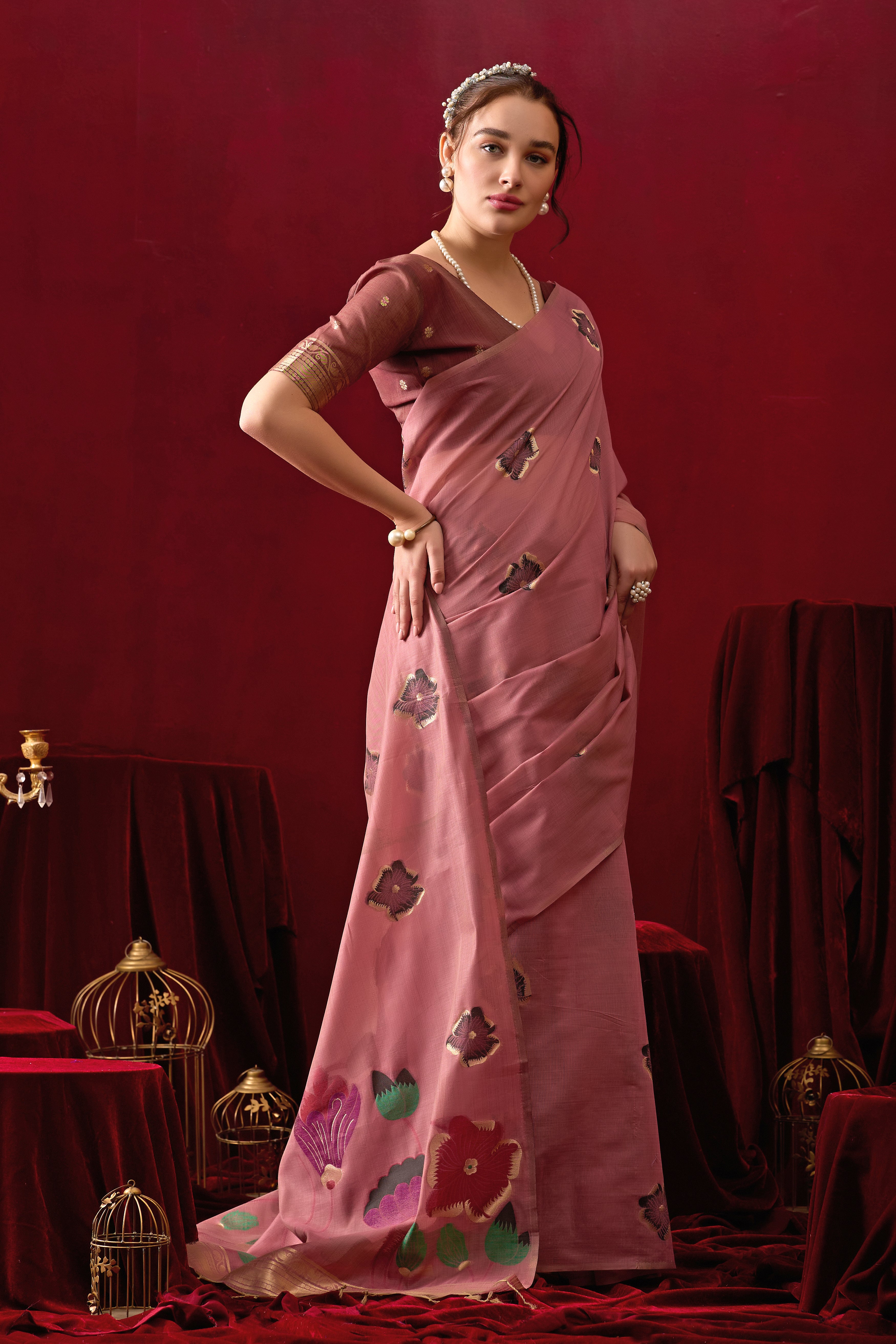 Muga Cotton Floral Design Saree in Wine