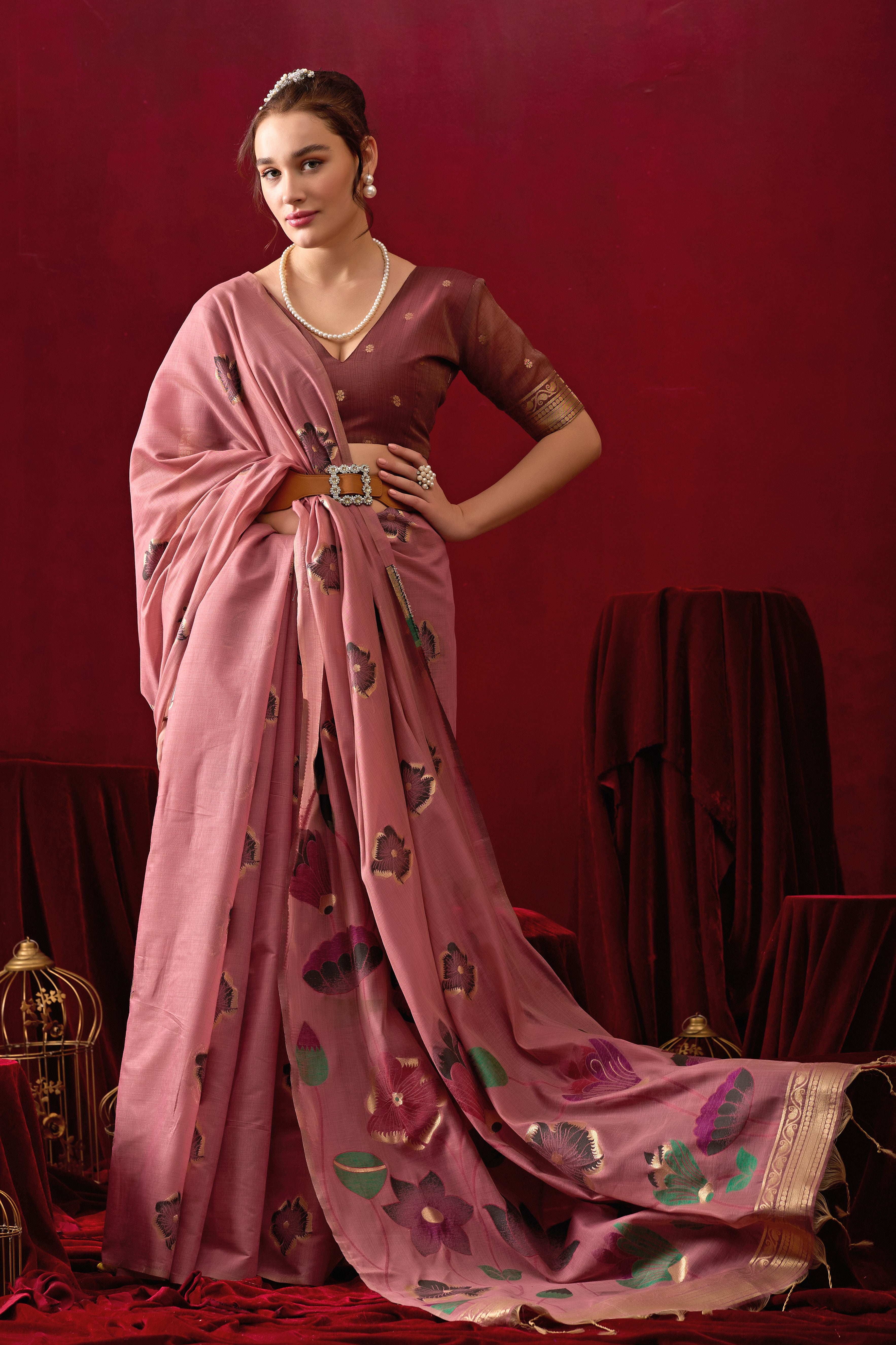 Muga Cotton Floral Design Saree in Wine