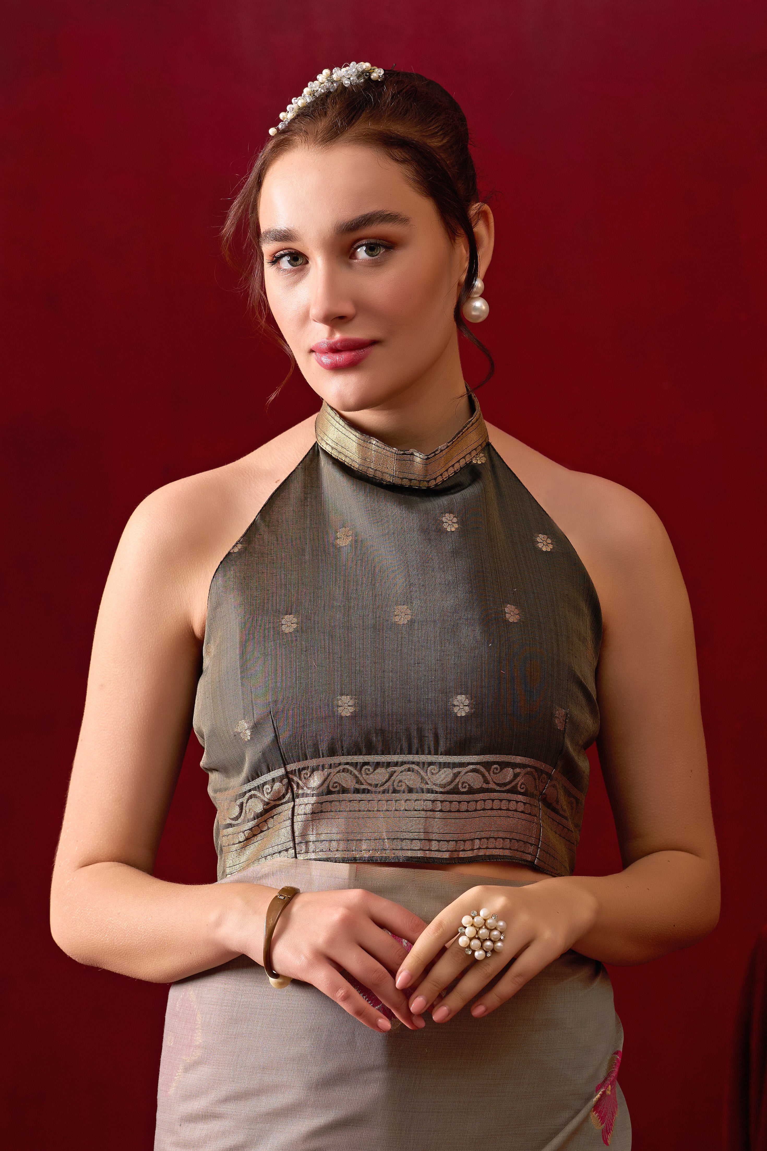 Muga Cotton Floral Design Saree in Gray